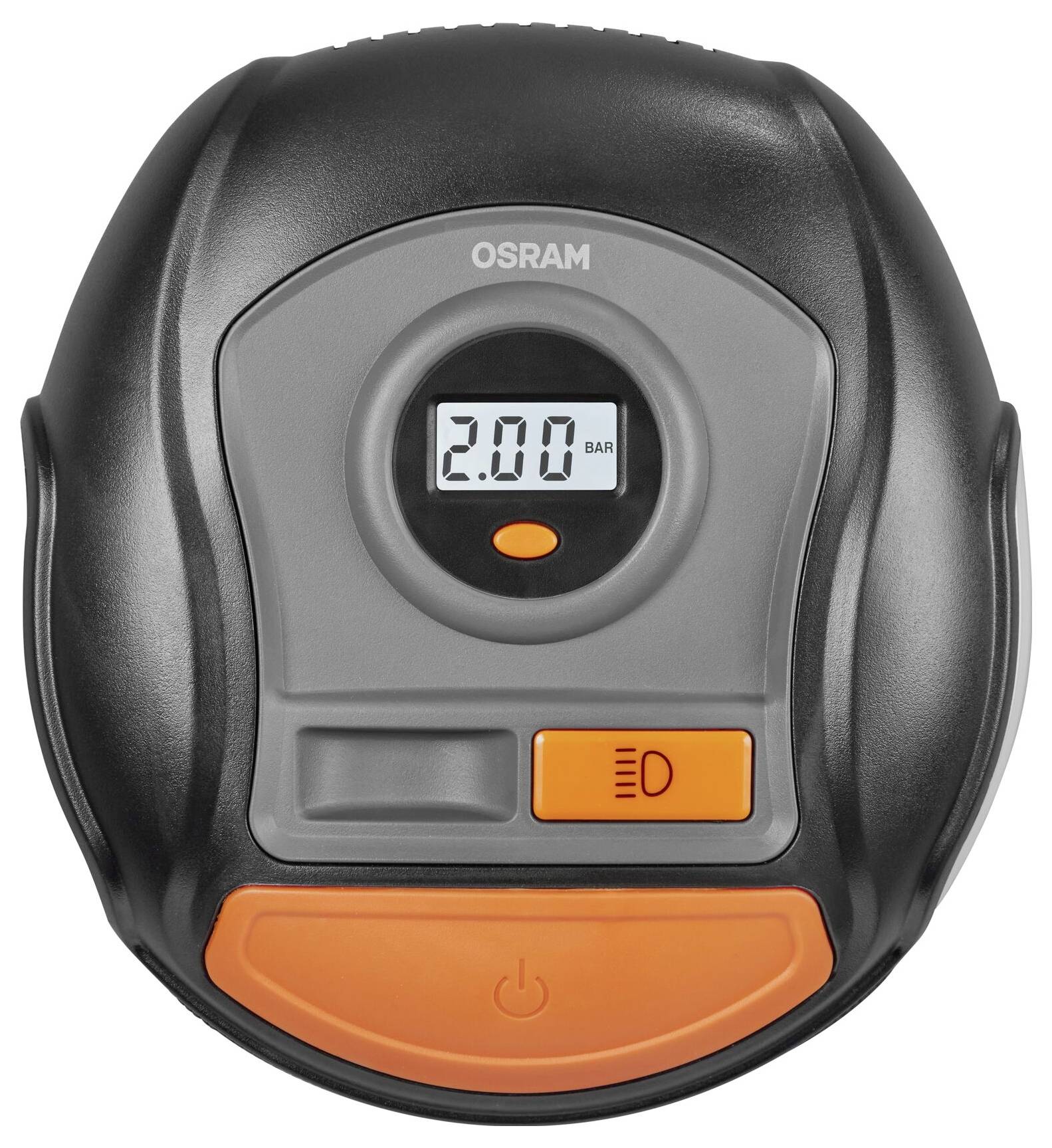Compresseur portable pour pneus d'Osram avec affichage numérique. Indique '2,00 BAR'. Deux boutons : orange pour la mise en marche, gris pour l'éclairage.