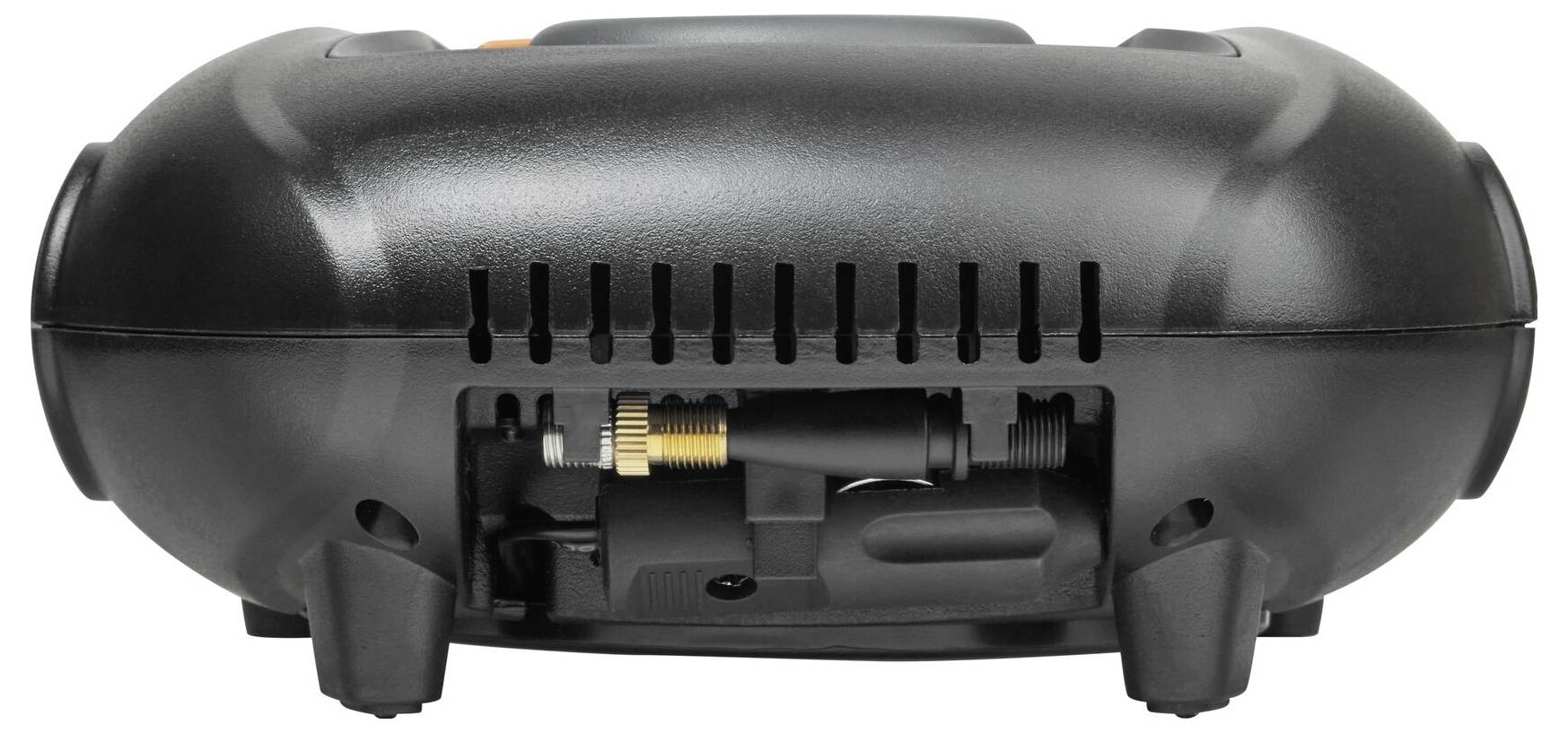 Un compresseur d'air portable noir en plastique avec des fentes de ventilation visibles et des connexions à l'avant.