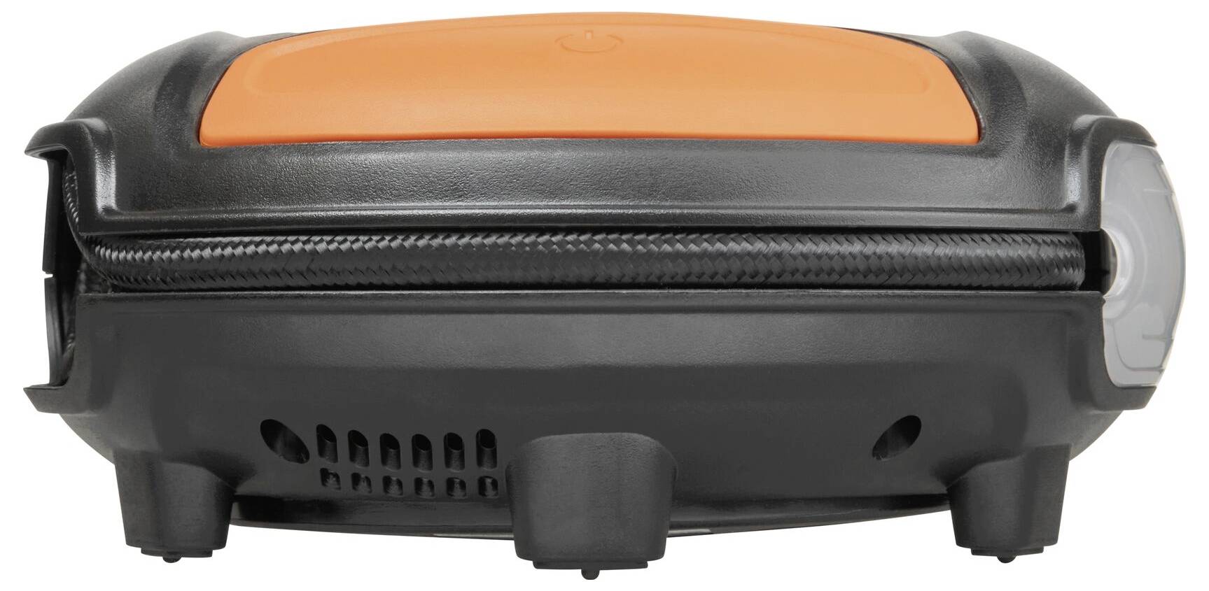 Un petit grill électrique portable avec un couvercle orange et un boîtier noir, idéal pour griller en déplacement.