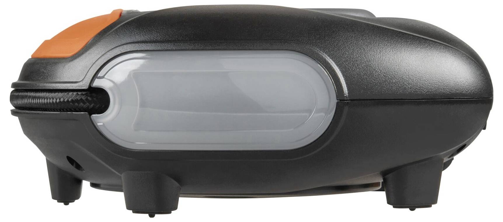 Vue latérale d'un appareil noir rectangulaire avec un bouton orange et un élément gris translucide.