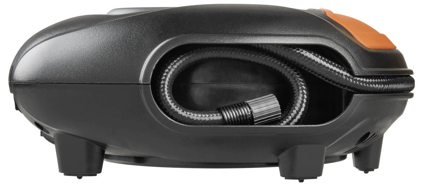 Un compresseur d'air portable compact, noir, avec un tuyau enroulé. Idéal pour une utilisation en déplacement.
