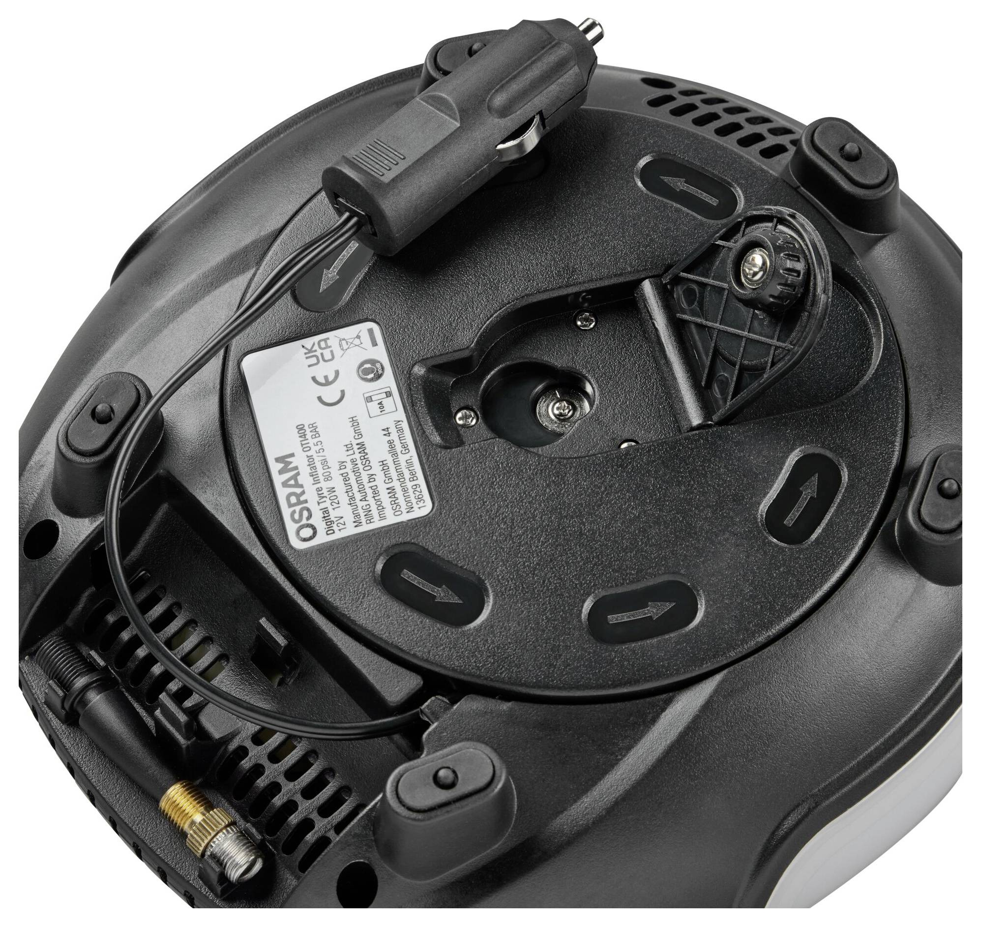 Gonfleur de pneus automatique avec manomètre intégré, câble d'alimentation et raccord de valve. Adapté aux pneus de voiture.