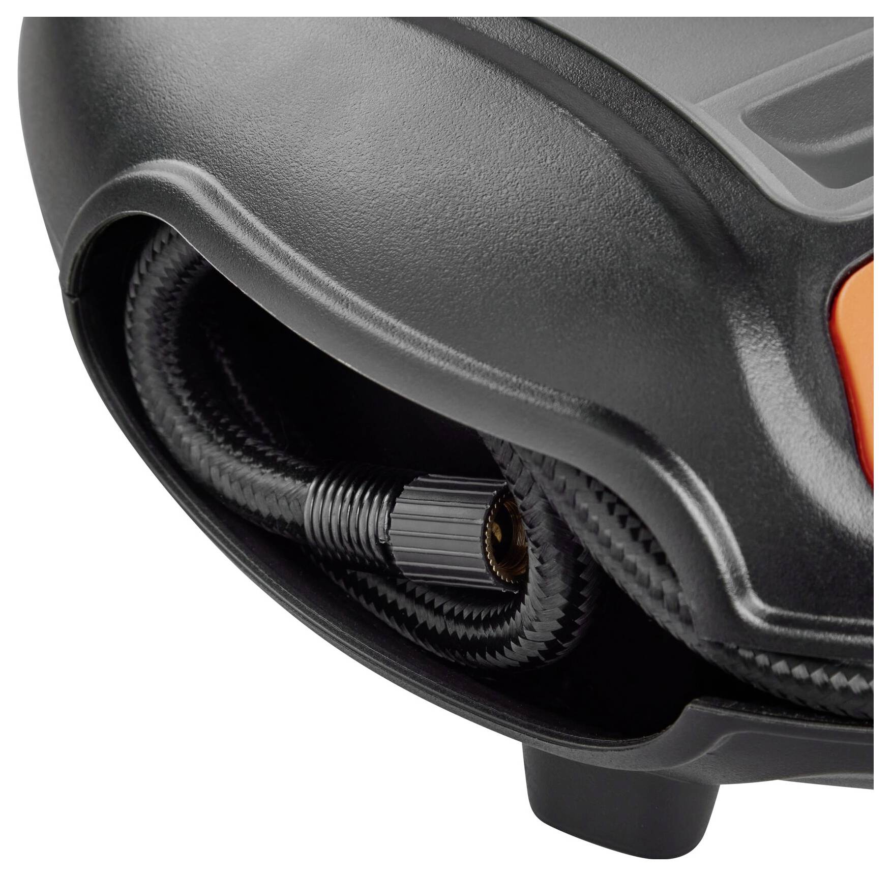 Enrouleur de tuyau avec boîtier noir, tuyau visible intégré et élément de connexion.