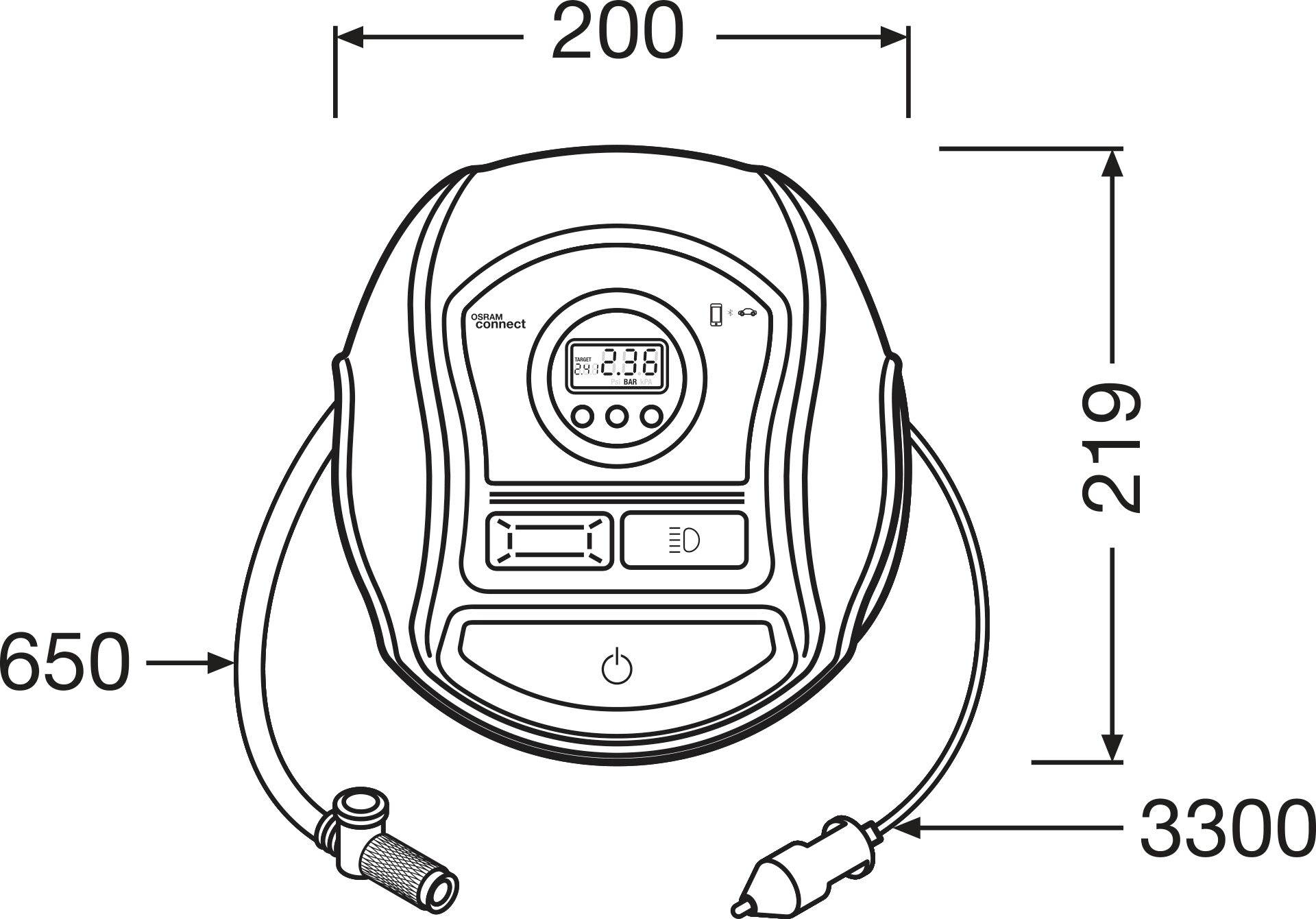 Illustration d'un manomètre de pression des pneus avec pompe électrique. Dimensions : hauteur 219 mm, largeur 200 mm, longueur de câble 3300 mm, longueur de tuyau 650 mm.