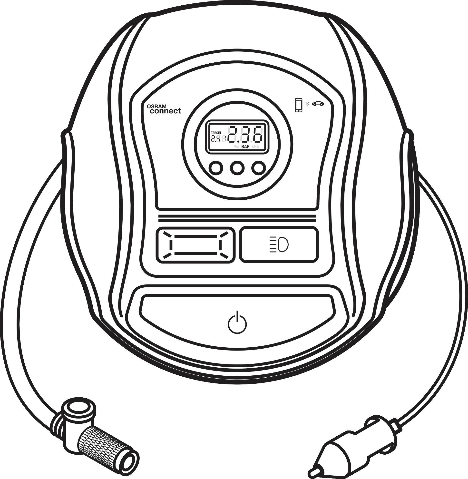 Pompe à air électrique pour voitures avec affichage numérique et boutons de commande, représentée avec câble d'alimentation et tuyau d'air.
