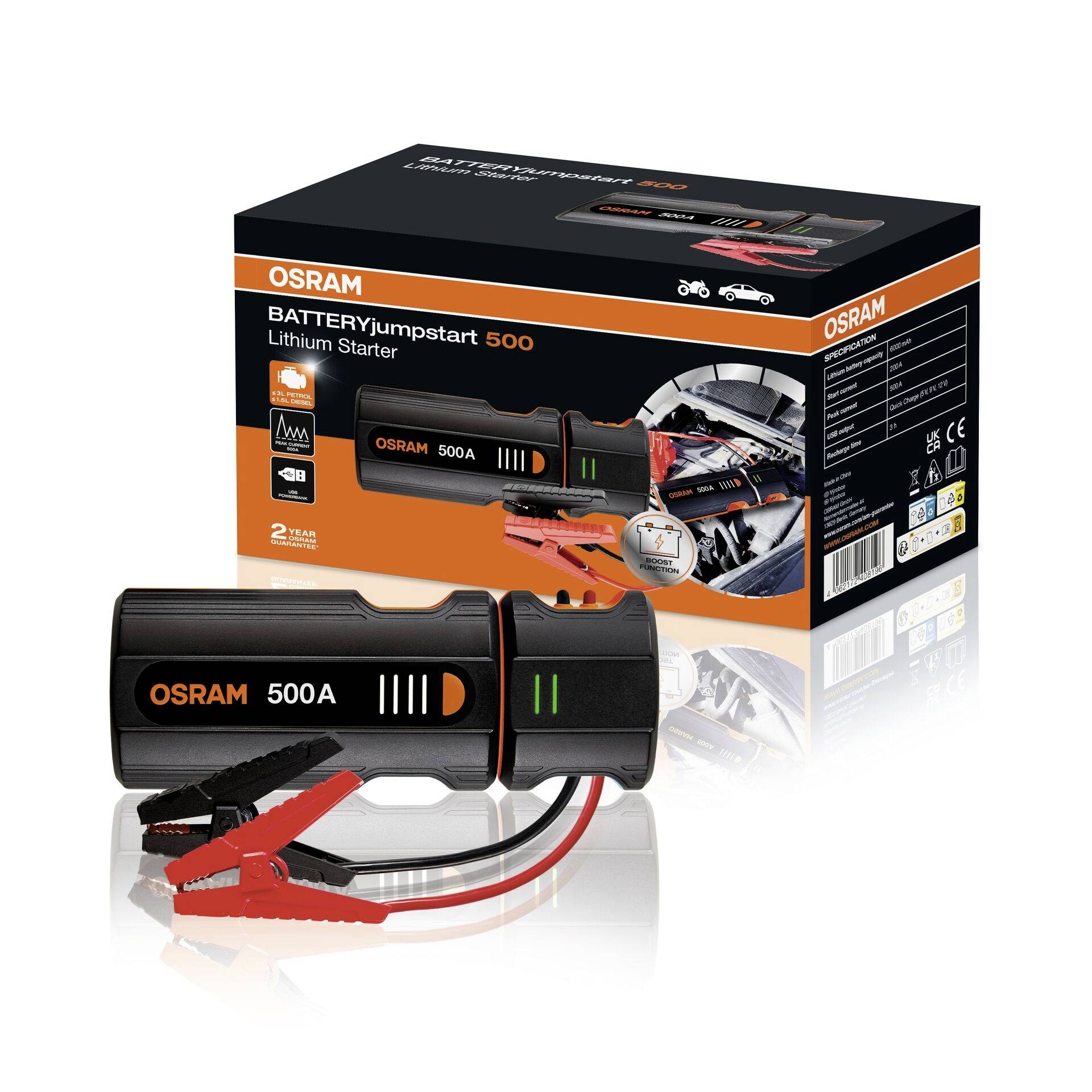 Démarreur lithium 'OSRAM BATTERYjumpstart 500'. Illustration : appareil de démarrage et emballage. Adapté aux véhicules. Comprend des pinces rouges et noires.