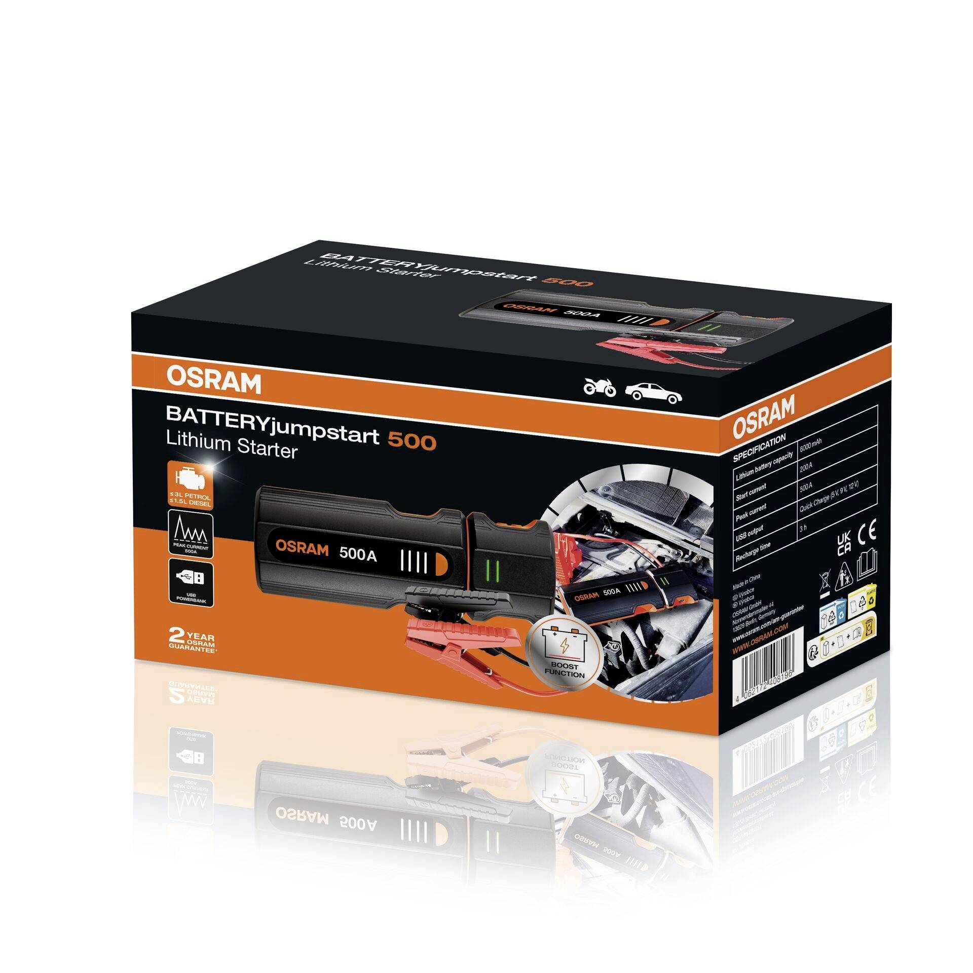 Emballage 'Osram BATTERYjumpstart 500' avec illustration du produit, spécifications techniques et exemples d'utilisation pour le démarrage de voitures et de motos.