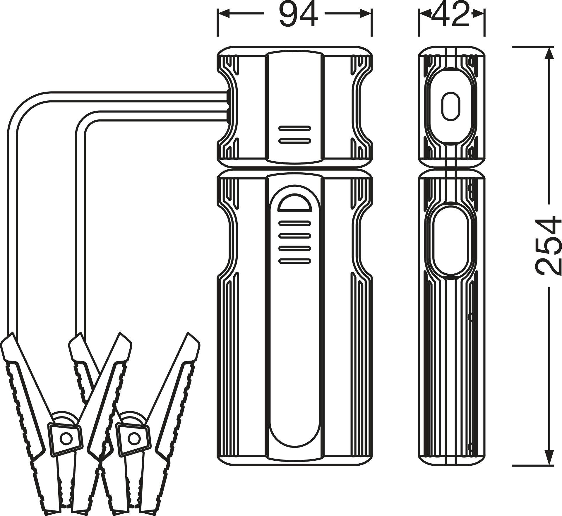 Dessin technique d'un chargeur de batterie avec dimensions : 94 x 42 x 254 mm, bornes comprises.