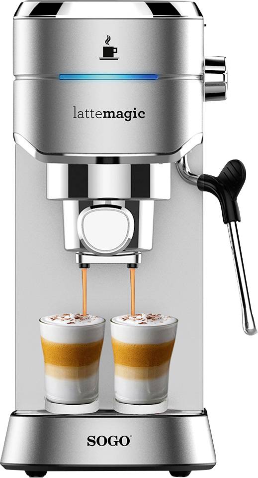 Machine à café avec jet de vapeur et deux verres de Latte Macchiato remplis simultanément.