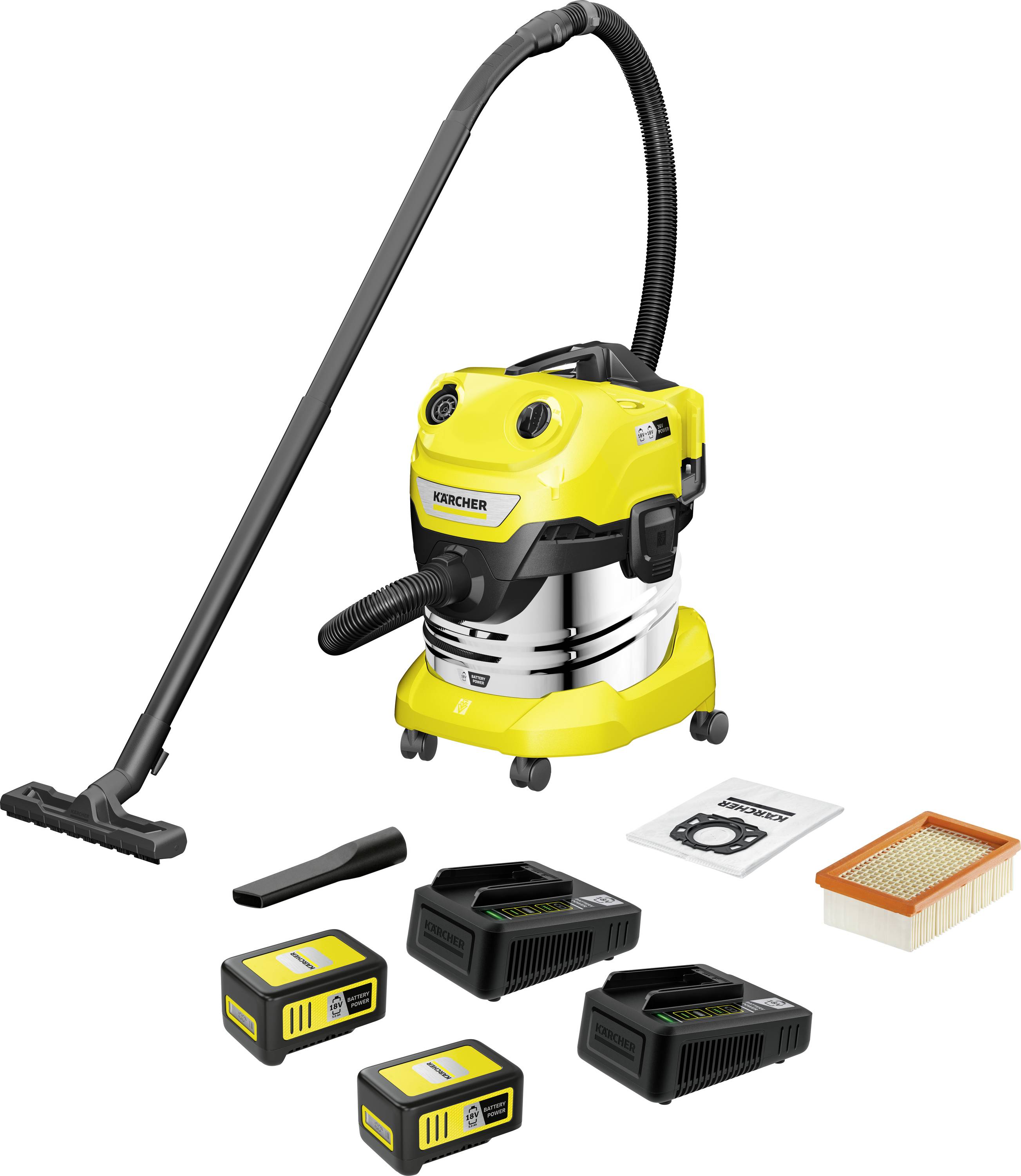 Un aspirateur eau et poussière jaune avec accessoires tels que batteries, chargeurs, filtres et buses d'aspiration. Adapté pour des tâches de nettoyage polyvalentes.