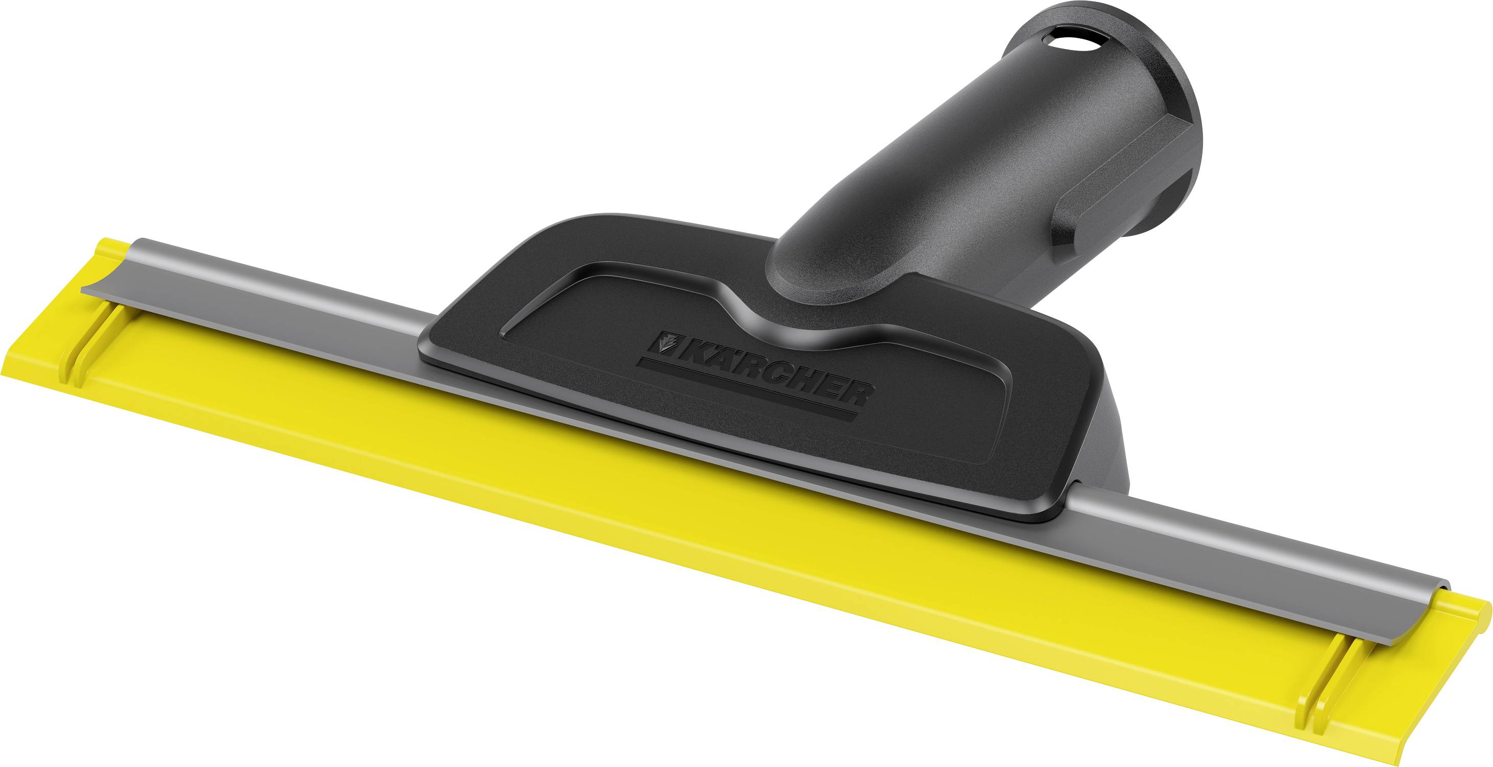 L'image montre un embout de raclette de nettoyage avec une lèvre en caoutchouc jaune et une poignée en plastique noir. Adapté pour les appareils de nettoyage de vitres.
