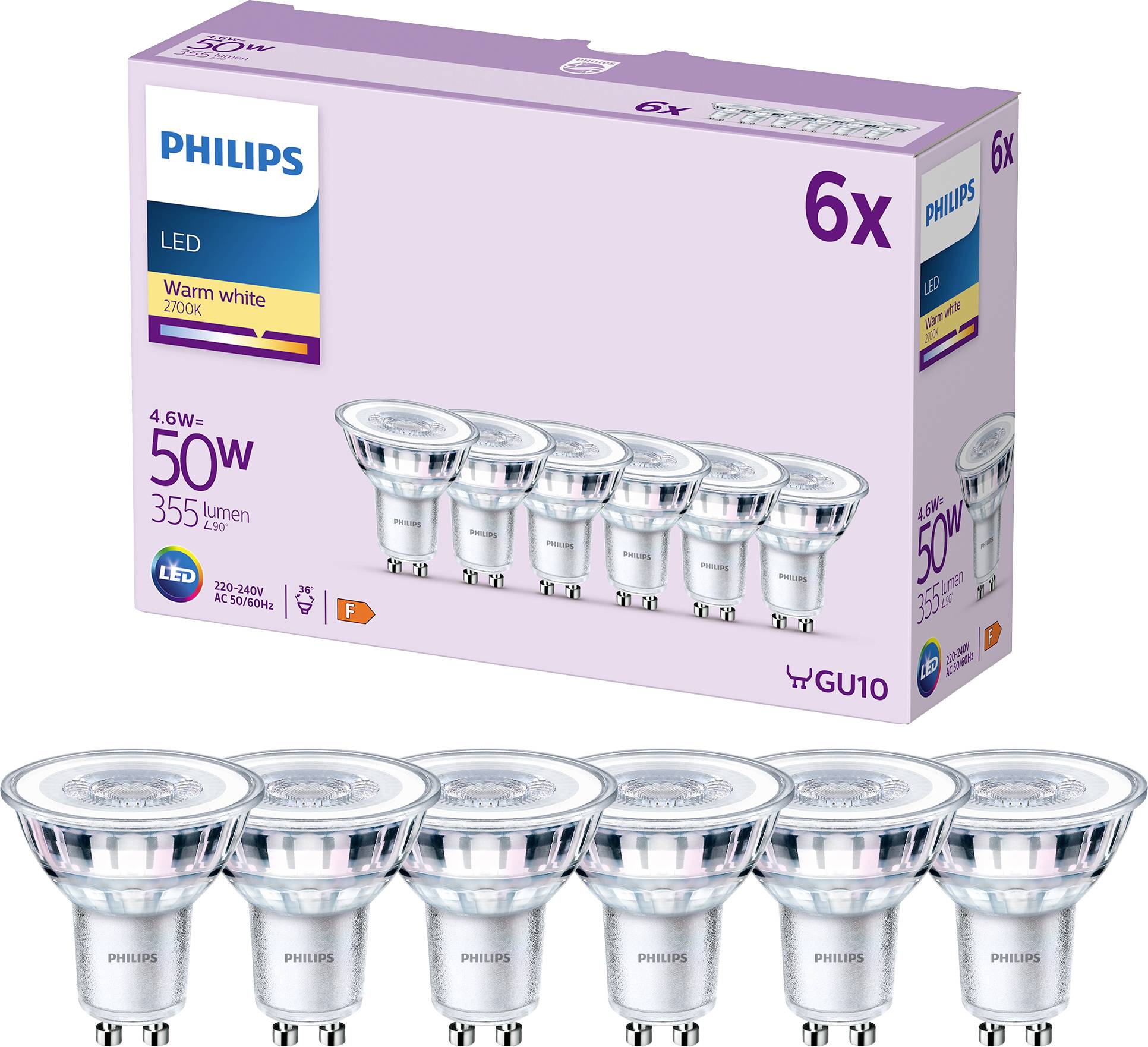 Philips LED 9290012152 LED CEE F (A - G) GU10 réflecteur 4.6 W = 50 W blanc chaud (Ø x L) 50 mm x 54 mm 6 pc(s)