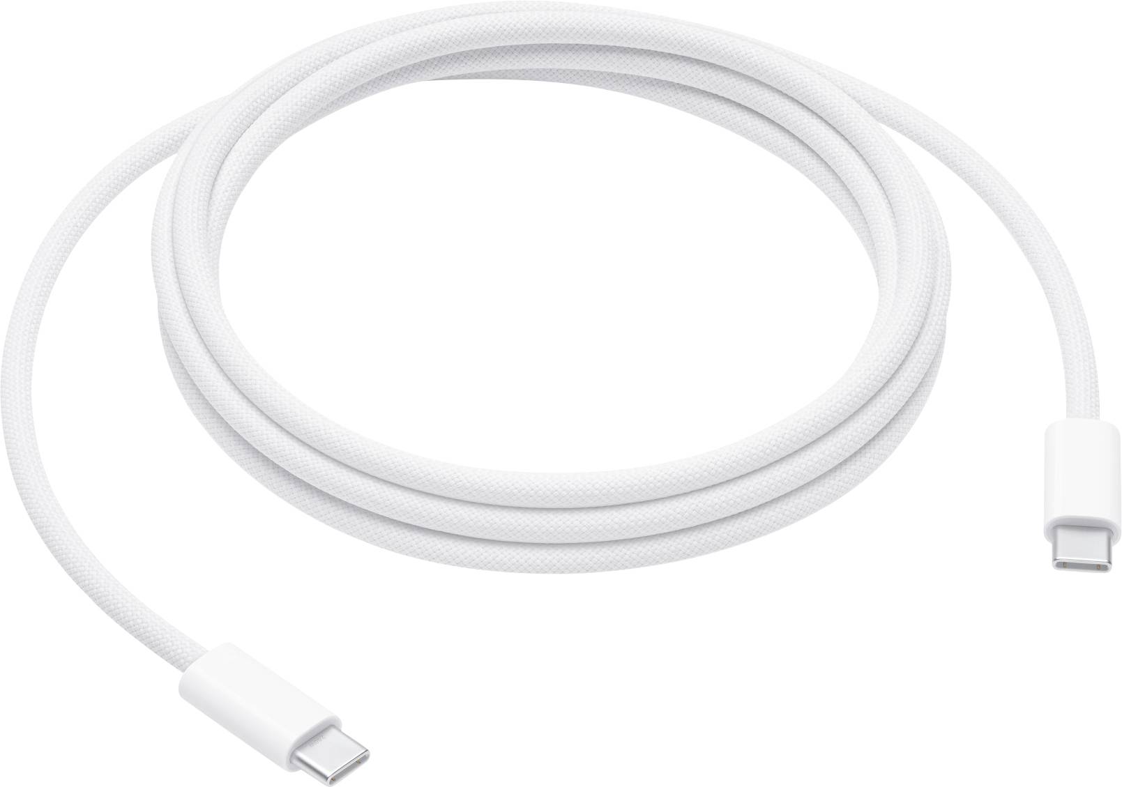 Un câble USB-C blanc est disposé en cercle sur une surface neutre. Il sert à charger et à transférer des données.