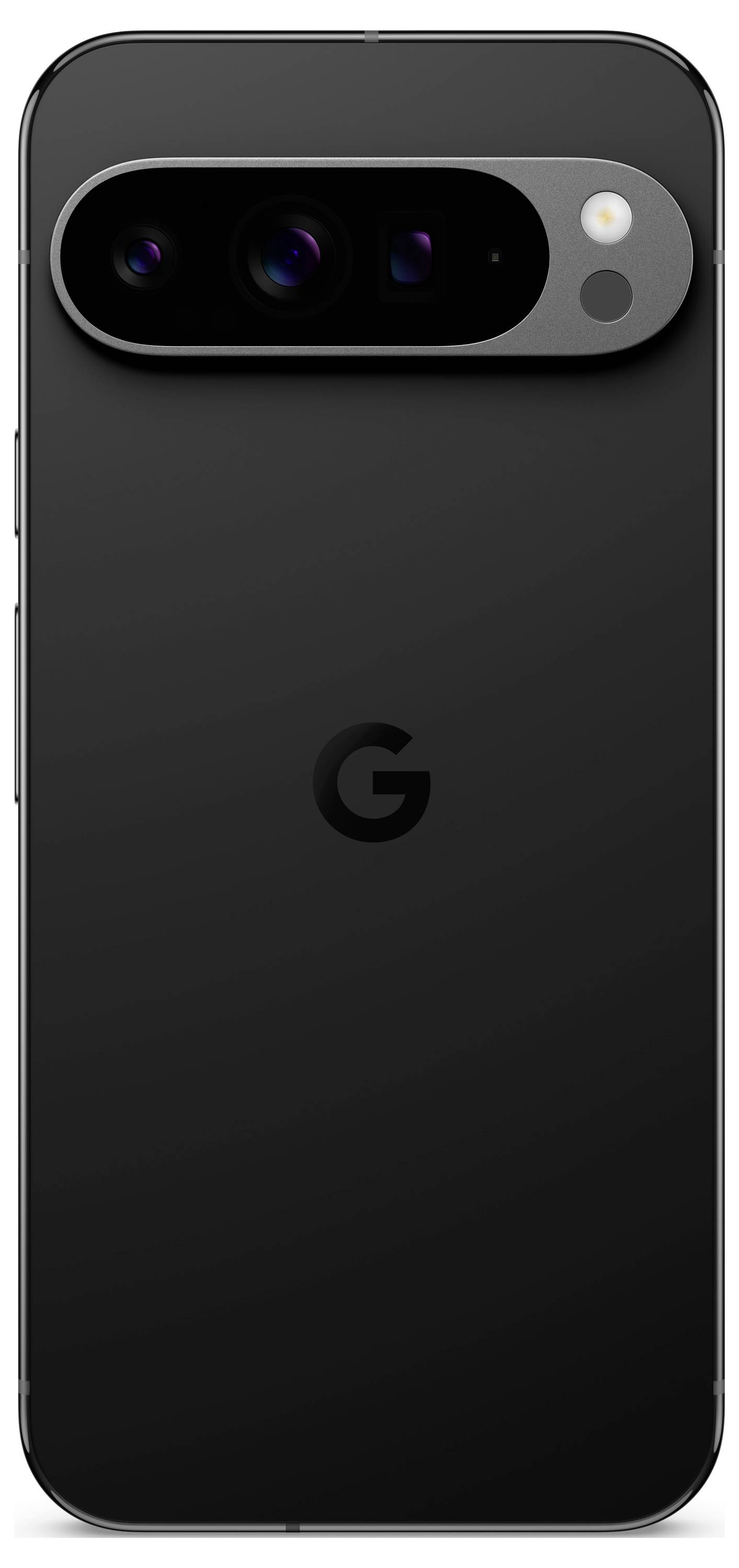 Un smartphone noir vu de dos avec trois objectifs de caméra disposés horizontalement dans un module, sous lequel se trouve un logo.