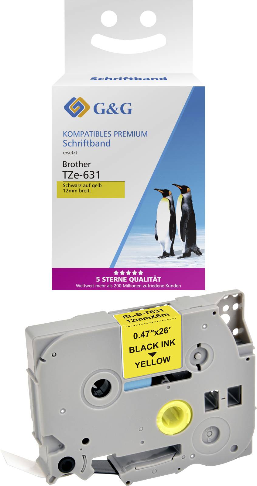 Un emballage de ruban compatible G&G pour Brother TZe-631, montrant deux pingouins ; cassette avec encre noire sur ruban jaune.