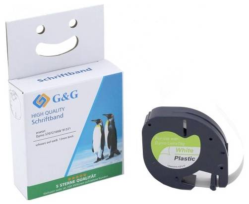 Emballage d'un ruban inscripteur de G&G avec une illustration de pingouins et un visage souriant, à côté d'une cassette d'impression noire en plastique.
