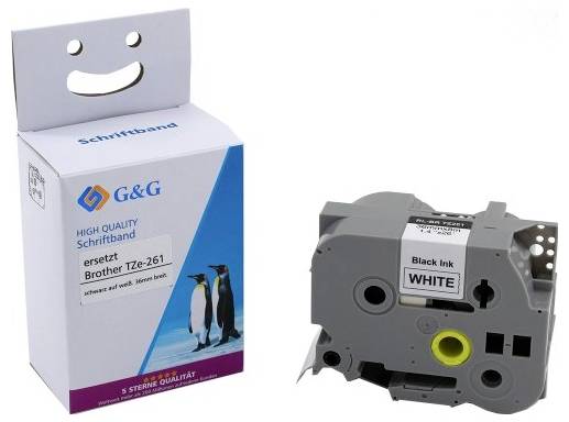 'Emballage avec ruban d'étiquettes G&G, compatible avec Brother TZe-261. À côté de l'emballage, une cartouche d'encre noire pour imprimante jet d'encre.'