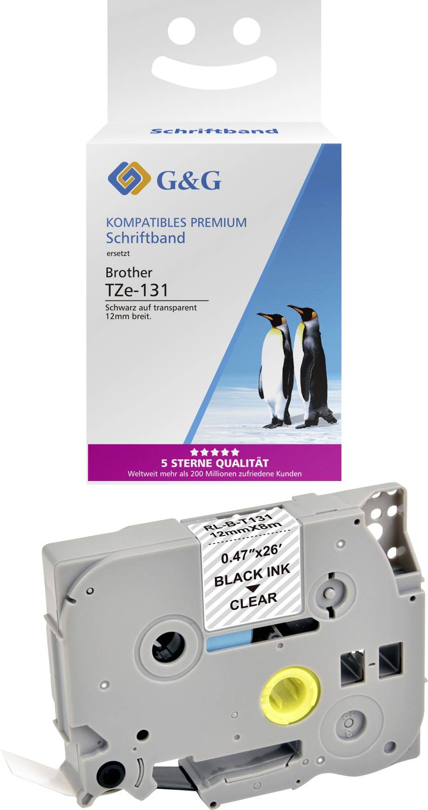 Un emballage pour 'G&G Ruban d'étiquettes Compatible Premium' pour appareils Brother, avec texte noir sur bande transparente, largeur de 12 mm.