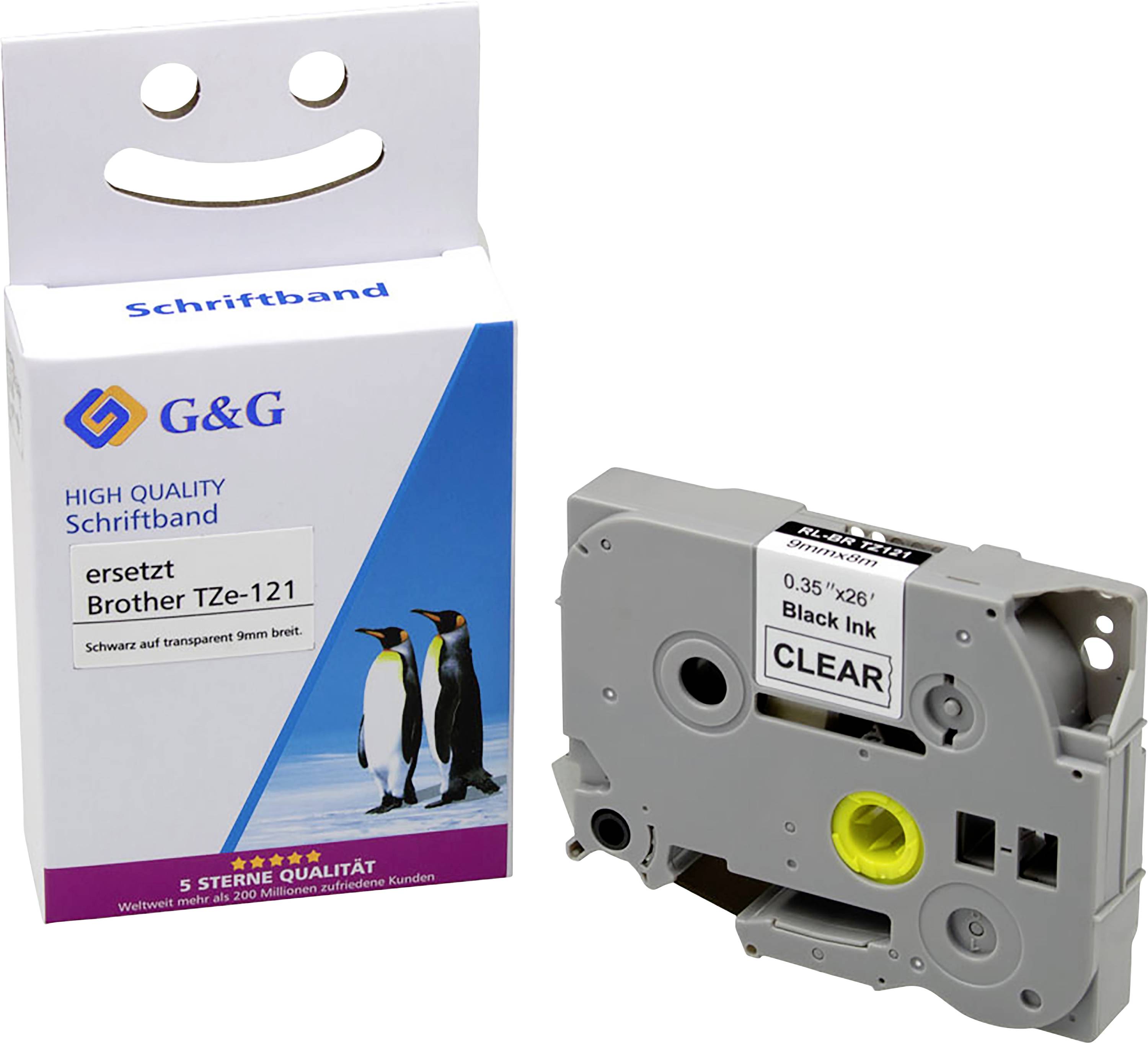 Emballage d'une cassette de ruban d'étiquettes TZe-121 de G&G, compatible avec Brother, pour une écriture noire claire sur un ruban transparent.