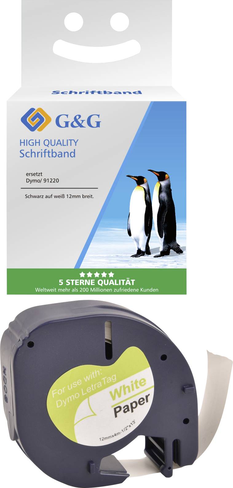 Ruban de rechange pour Dymo, emballage avec deux pingouins, émoticône souriante. Bande de papier blanche au premier plan.