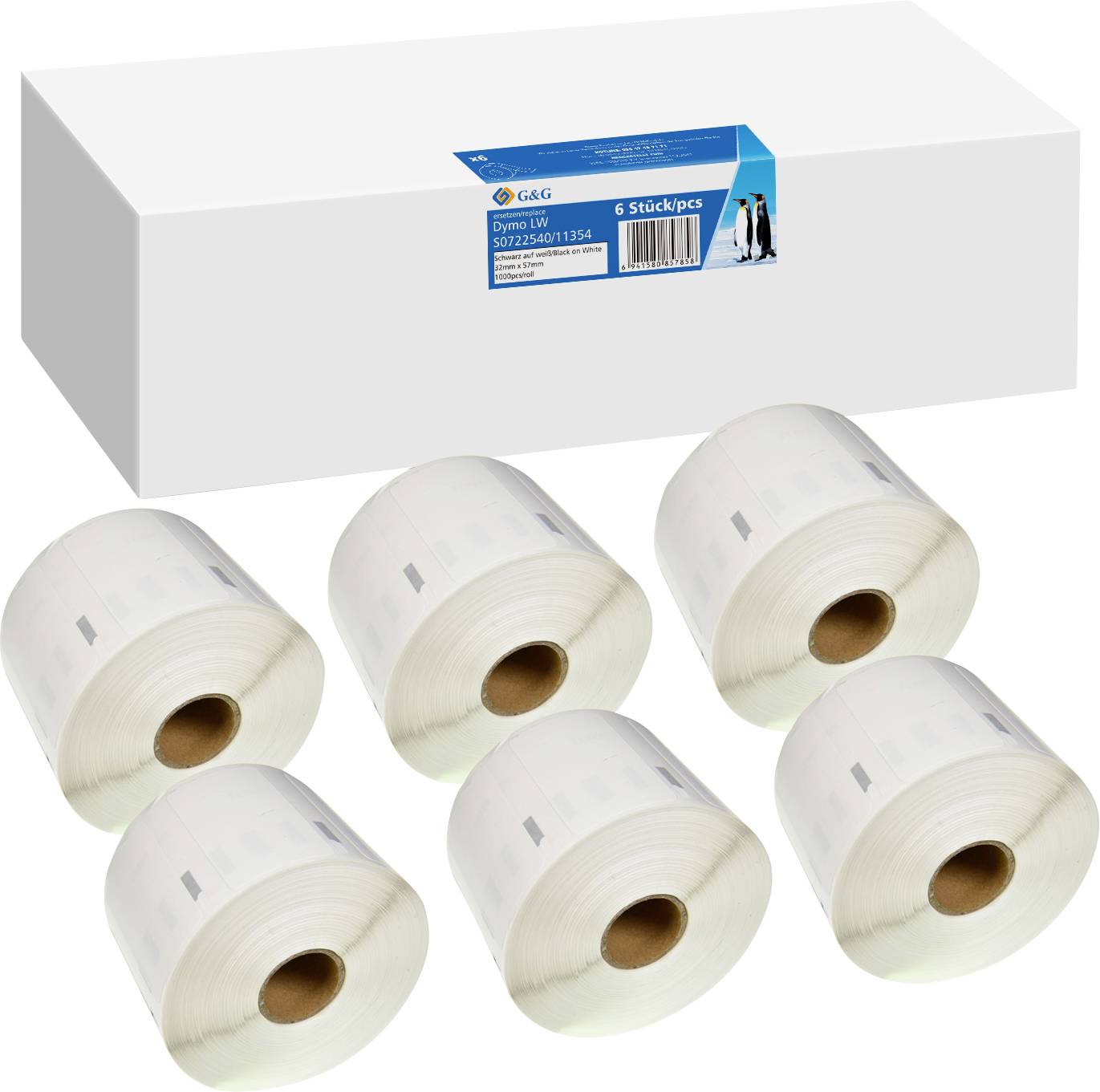 Six rouleaux d'étiquettes blancs devant un grand carton, l'étiquette sur le carton affiche les détails du produit.