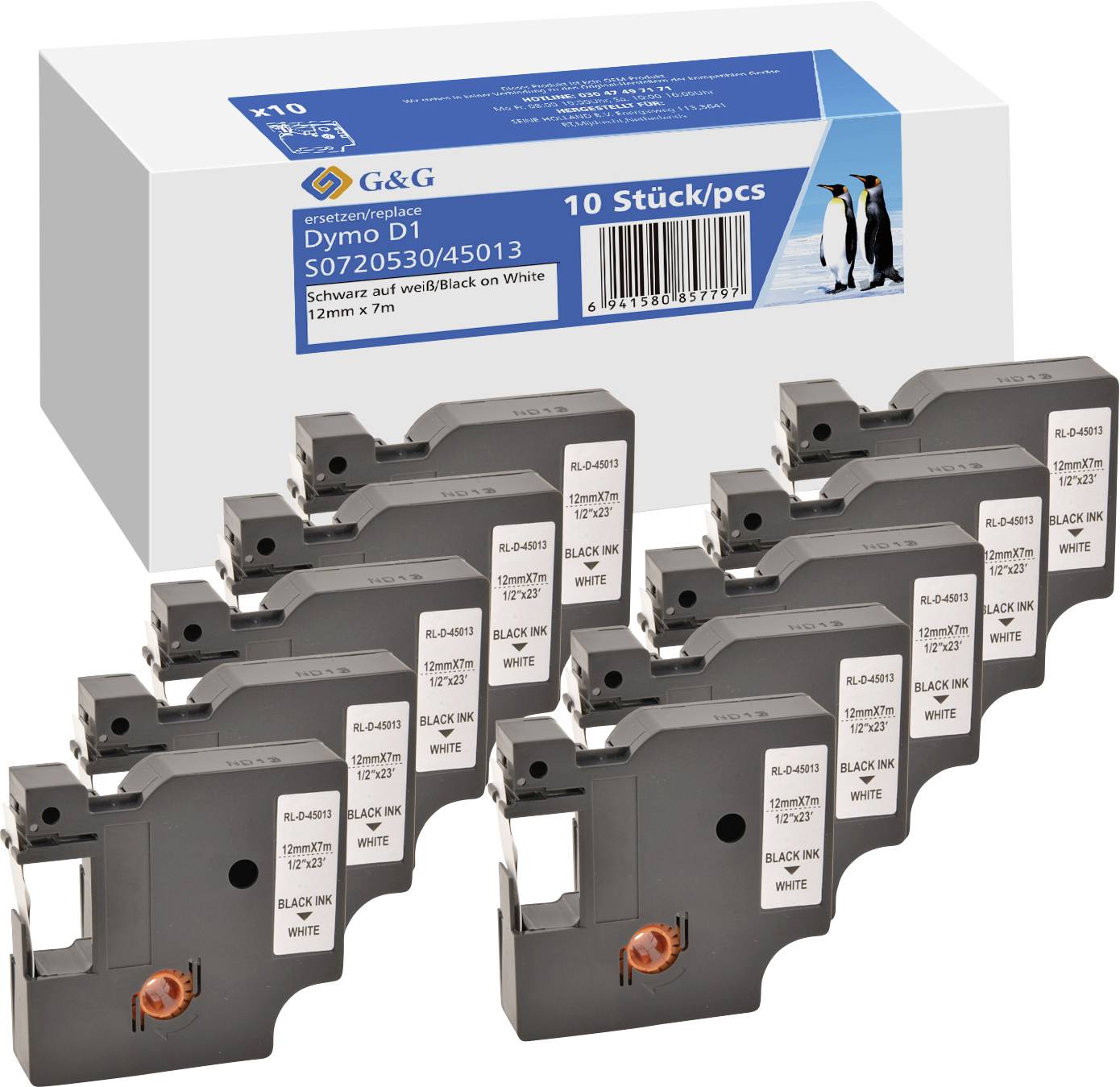 Boîte de 10 cassettes d'étiquettes Dymo, noir sur blanc, 12 mm x 7 m. Logo de marque et image de pingouin sur l'emballage.