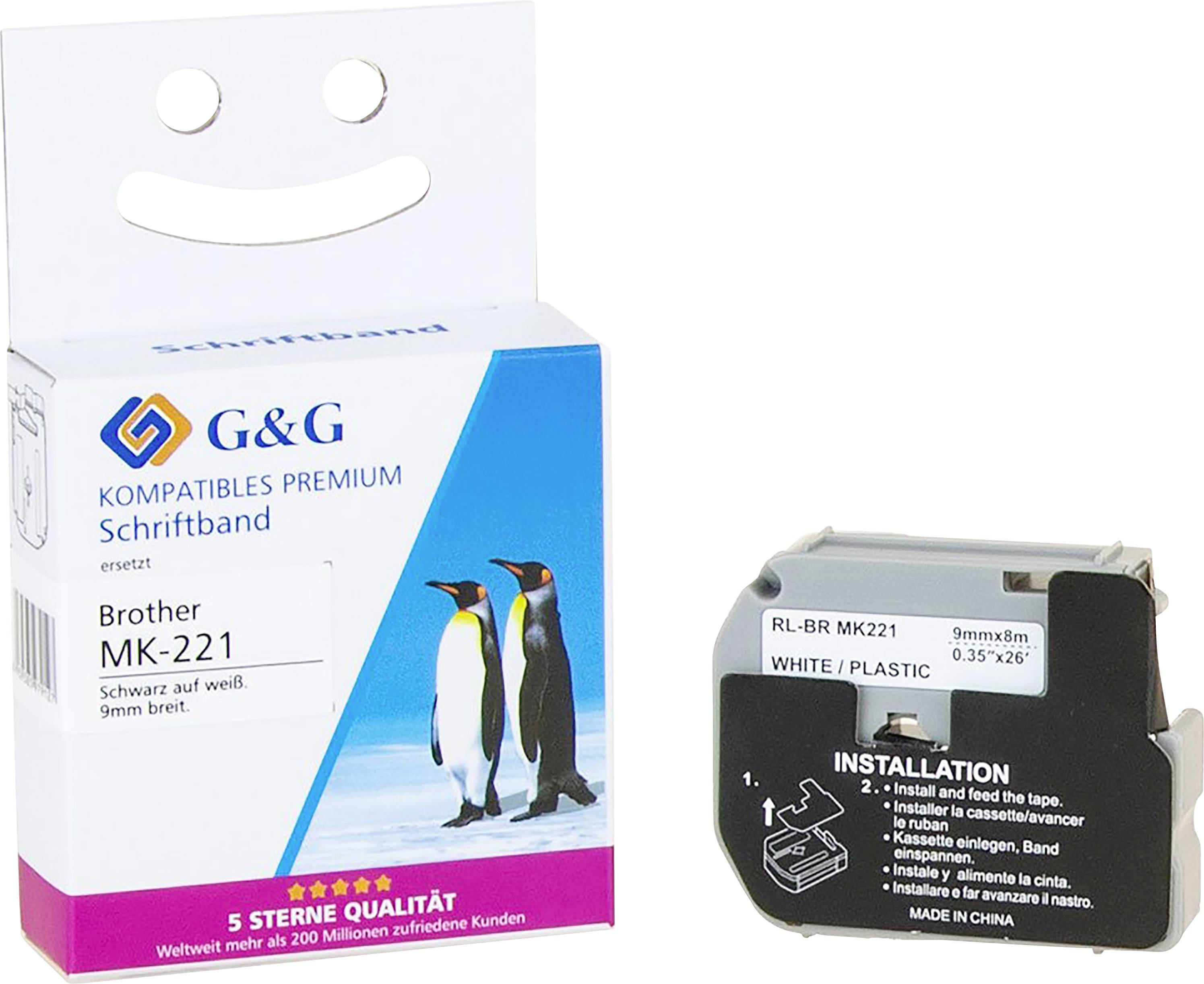 Ruban d'étiquettes, compatible avec Brother MK-221. Couleur : Noir sur blanc, largeur : 9 mm. Emballage illustré avec des pingouins.