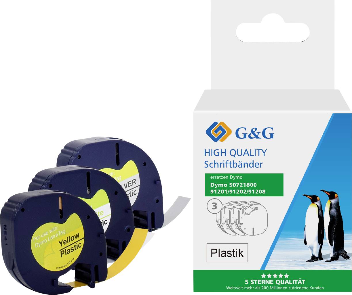 Deux cassettes de ruban adhésif et leur emballage. Impression de marque 'G&G High Quality'. Étiquetage 'Rubans adhésifs, plastique, pour Dymo'. Motif de pingouin sur l'emballage.