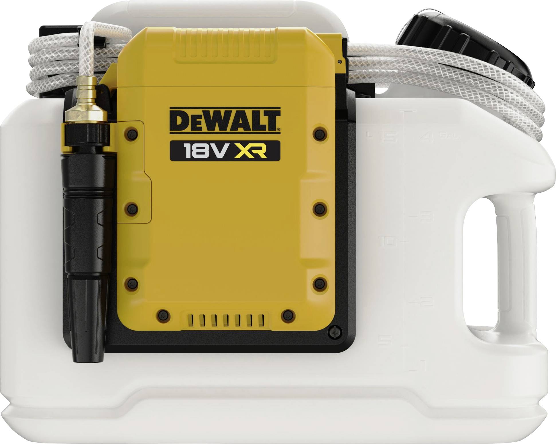 Un pulvérisateur portable DEWALT 18V XR jaune avec un réservoir blanc et un tuyau flexible, adapté pour une utilisation extérieure.