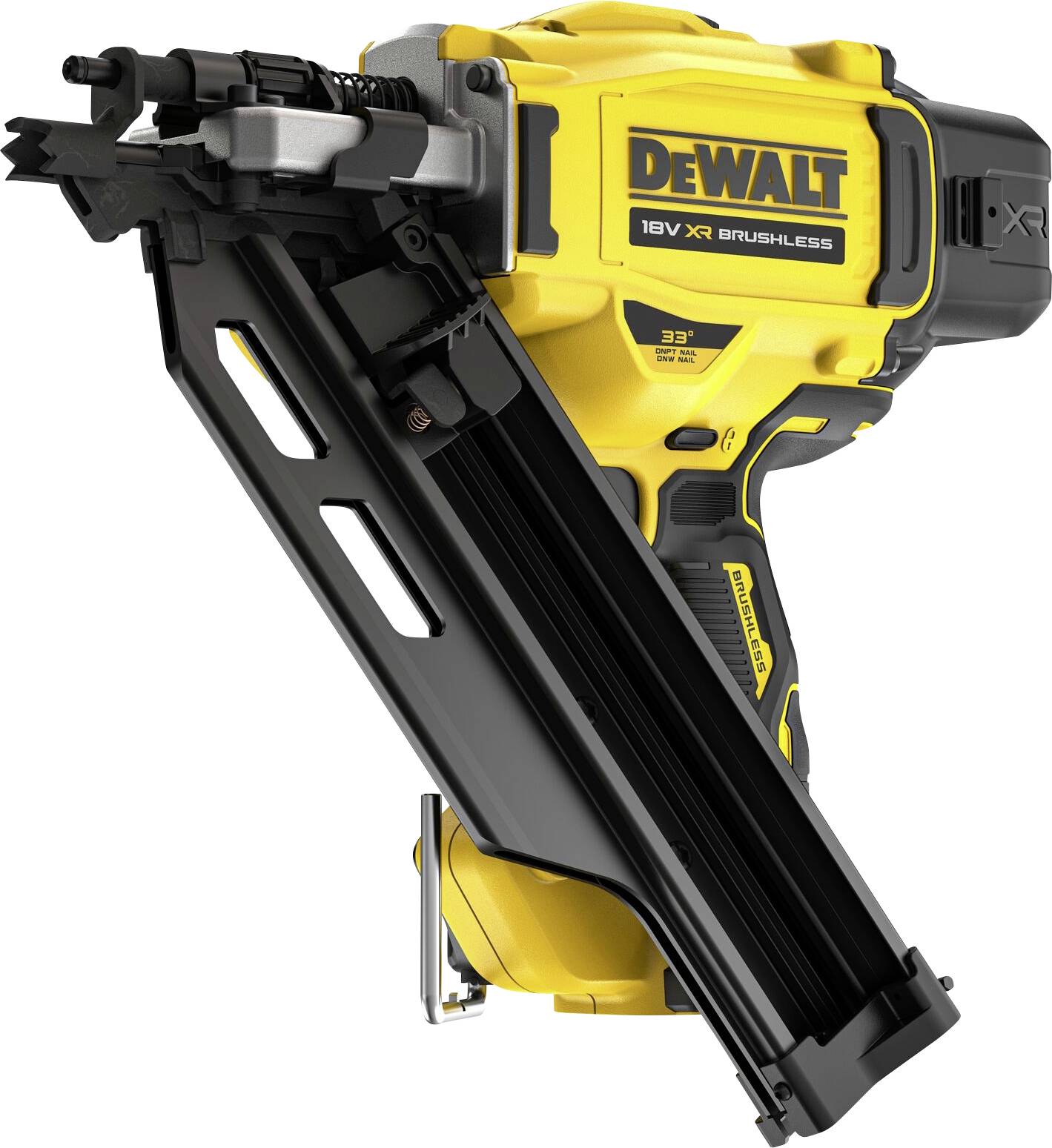 Cloueur à batterie jaune et noir de la marque DeWalt, modèle 18V XR Brushless, avec chargeur d'angle pour clous et construction robuste.