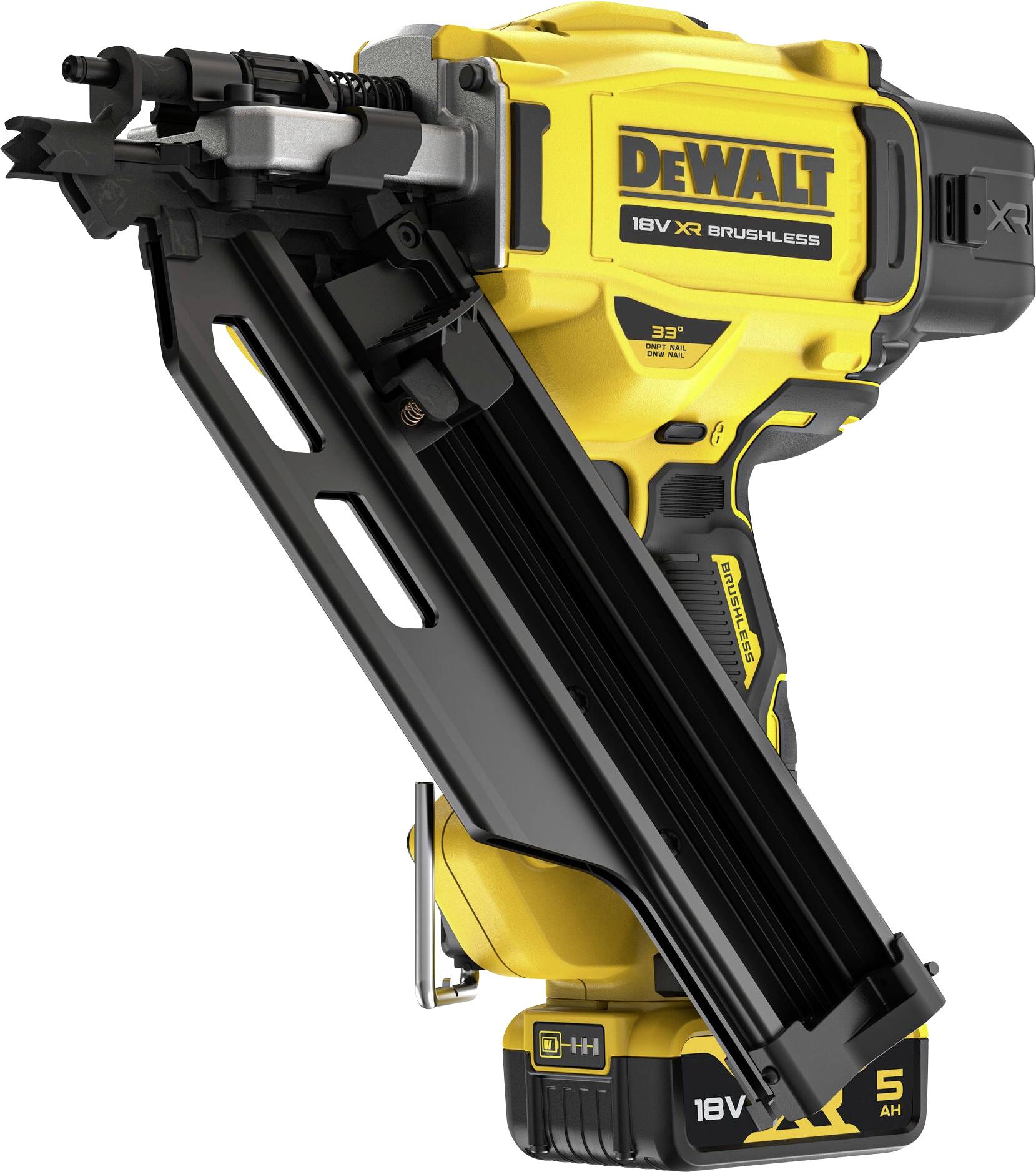 Un cloueur jaune sans fil DeWalt avec technologie XR 18V Brushless, adapté aux travaux de construction et aux projets de bricolage.