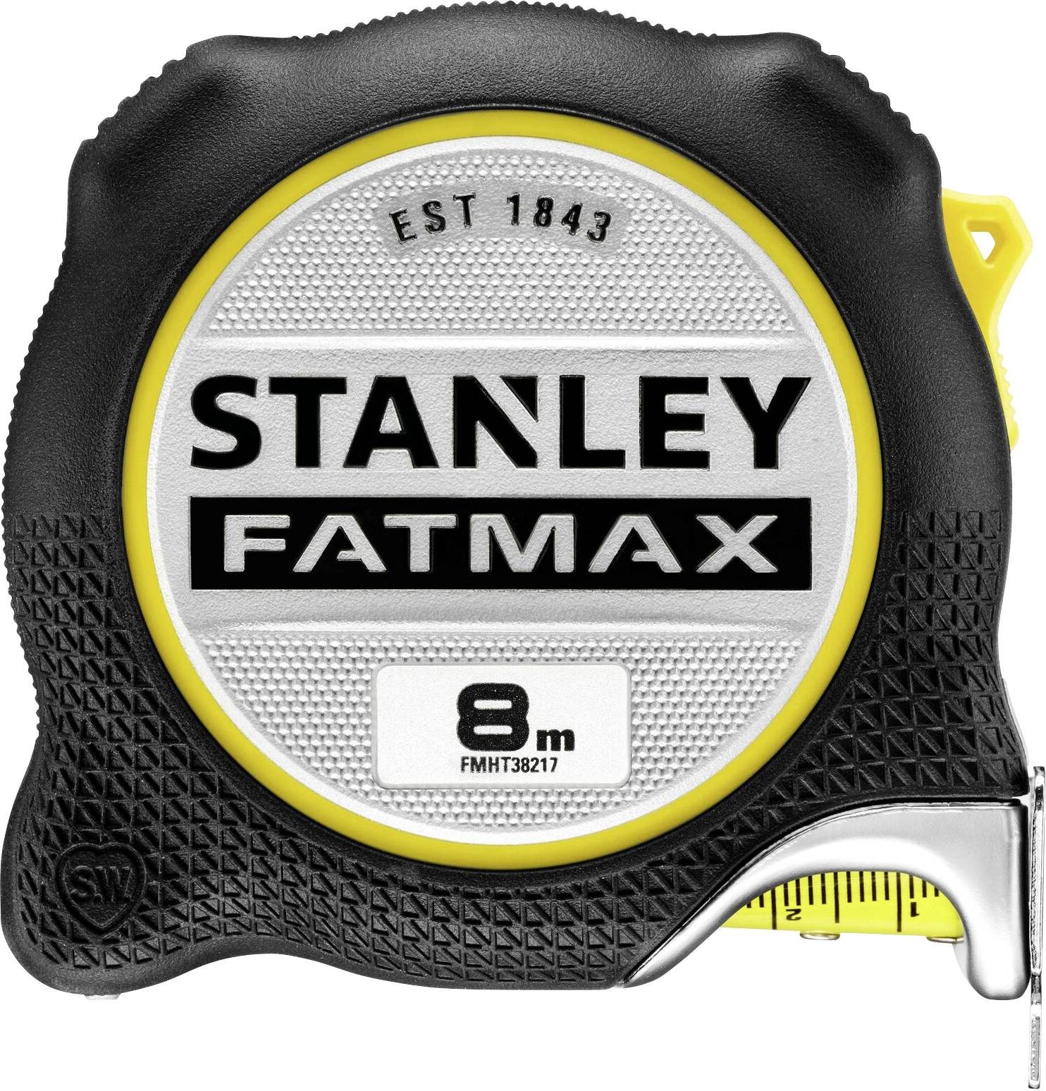 Un mètre ruban portant l'inscription 'Stanley FatMax' et '8 m'. Boîtier noir et jaune, clip métallique au premier plan.