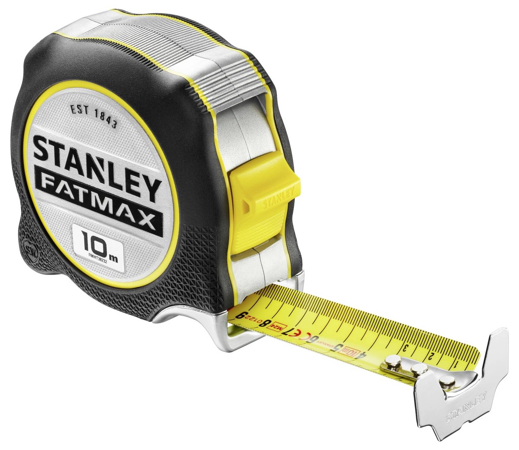 Un mètre ruban 'Stanley Fatmax', de 10 mètres, boîtier noir avec bande jaune, est utilisé pour mesurer des longueurs.