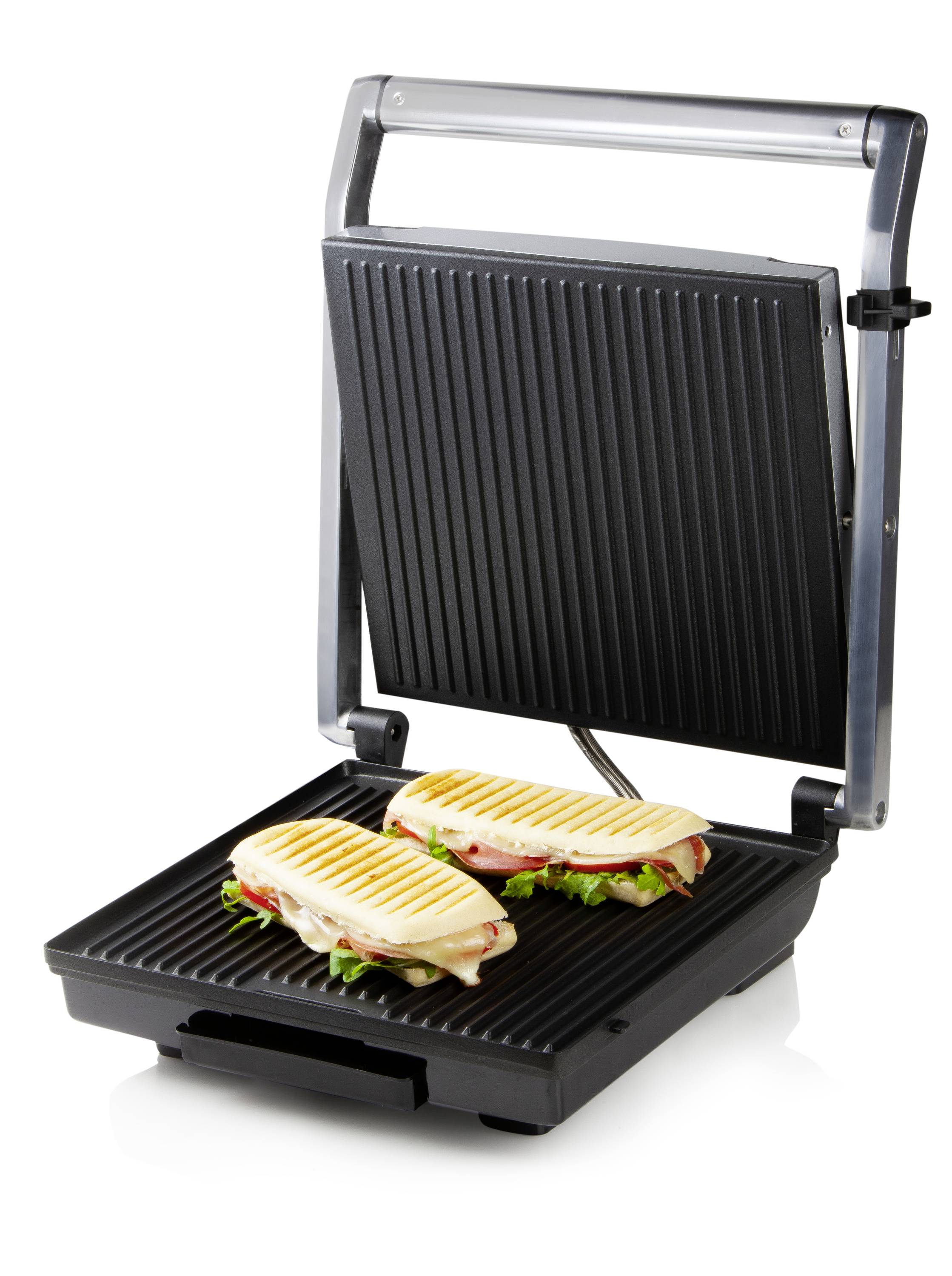 Un grill à contact ouvert avec deux paninis grillés. Les paninis contiennent du jambon, du fromage et de la salade. Idéal pour les sandwichs et les paninis.