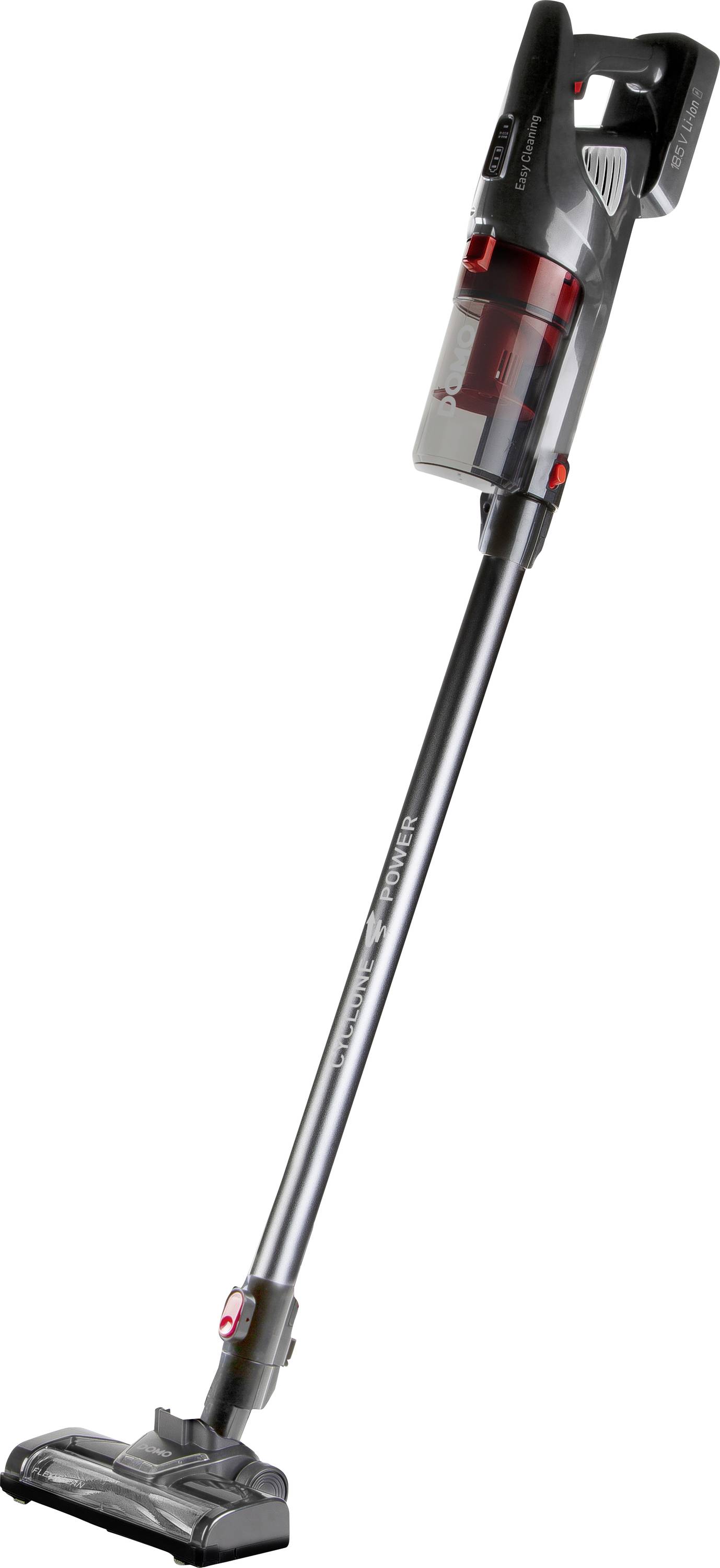 Aspirateur sans fil avec long tube et buse proche du sol, gris avec un accent rouge, présenté debout.