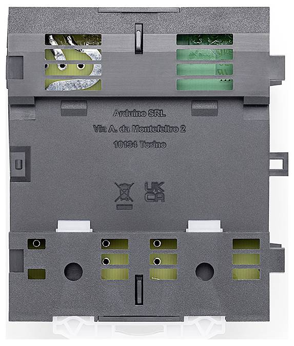 Dos d'un appareil électronique portant l'inscription 'Arduino SRL' et une adresse, avec divers connecteurs électriques visibles.