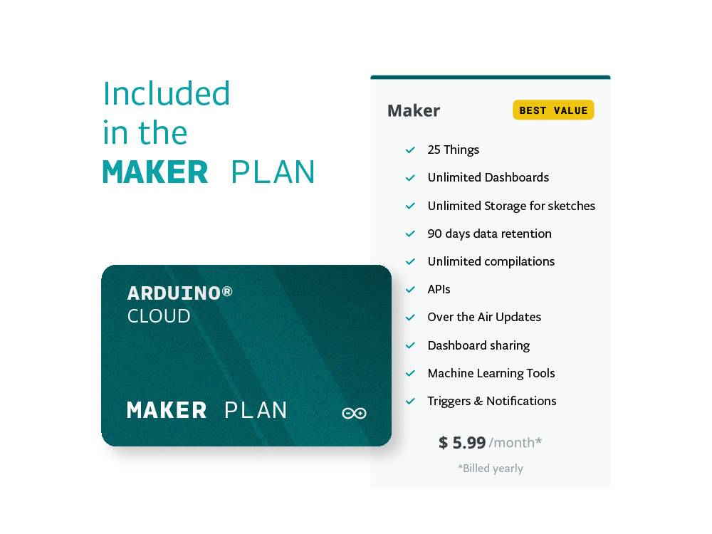 Arduino 1 year Arduino Cloud Maker Plan certificat Cloud Convient pour (kits de développement): Arduino