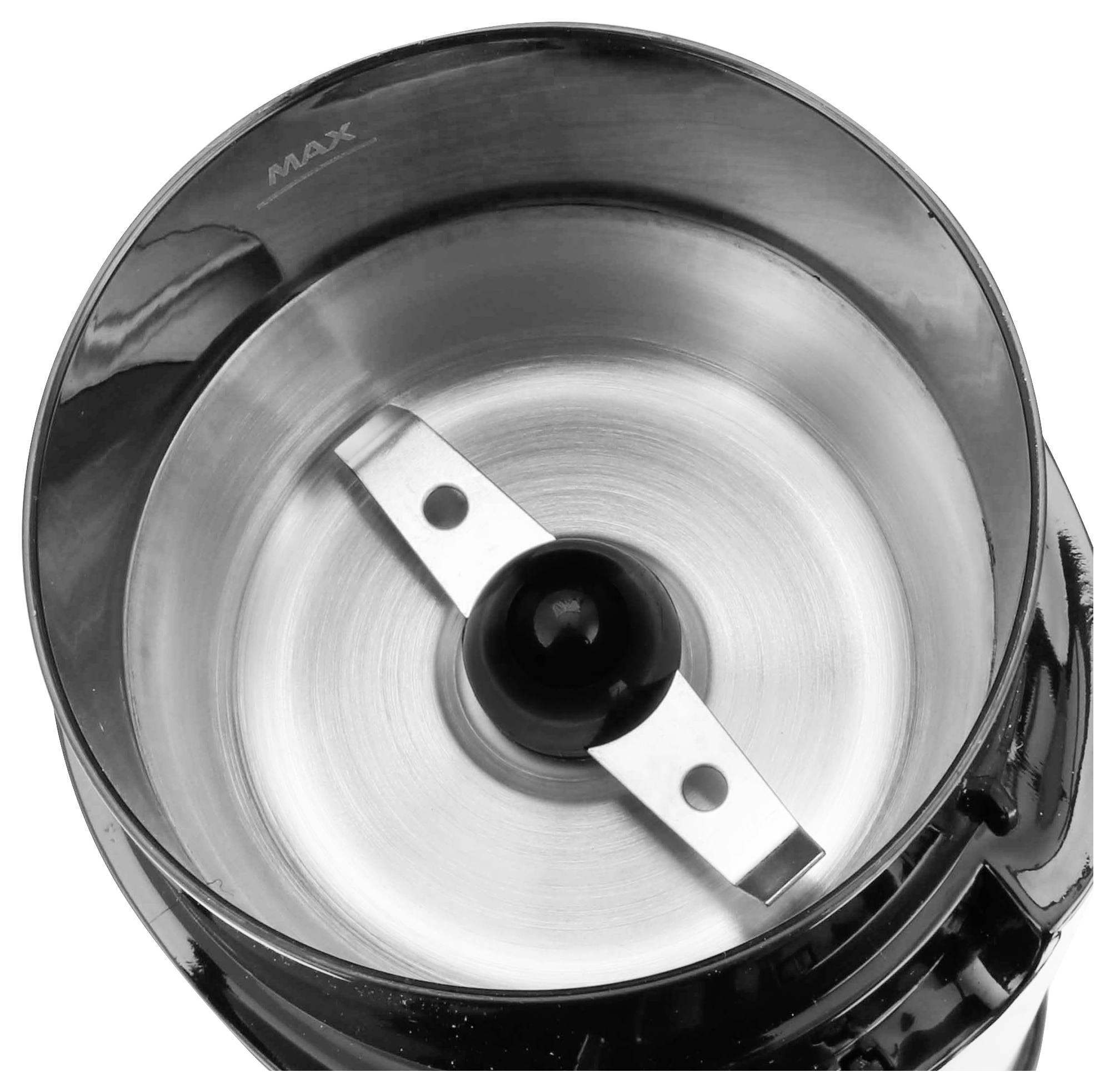 Un moulin électrique en acier inoxydable avec deux lames tranchantes, adapté pour moudre du café ou des épices.