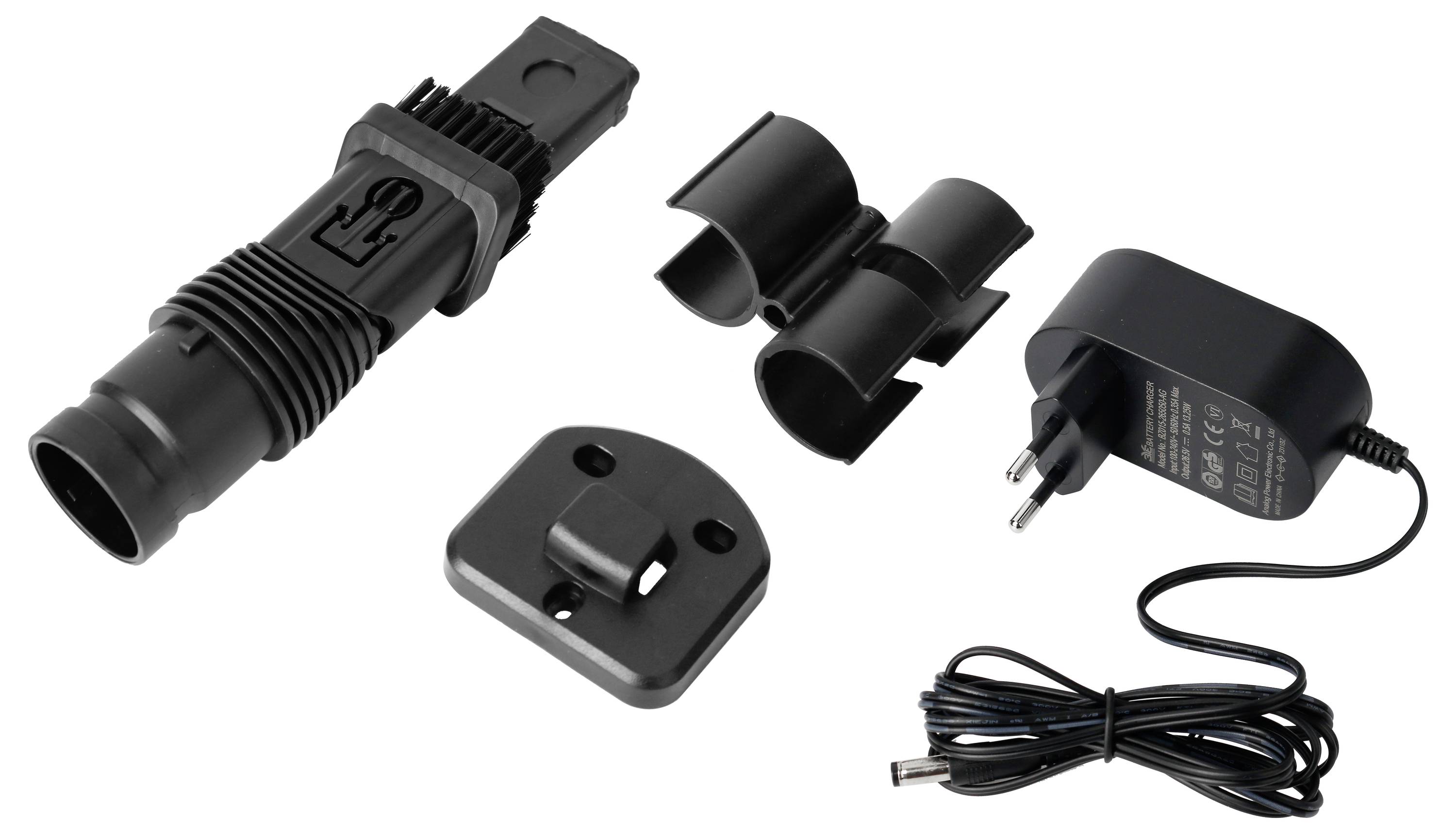 Un chargeur comprenant un bloc d'alimentation, un adaptateur et des supports pour connecter un appareil électronique.