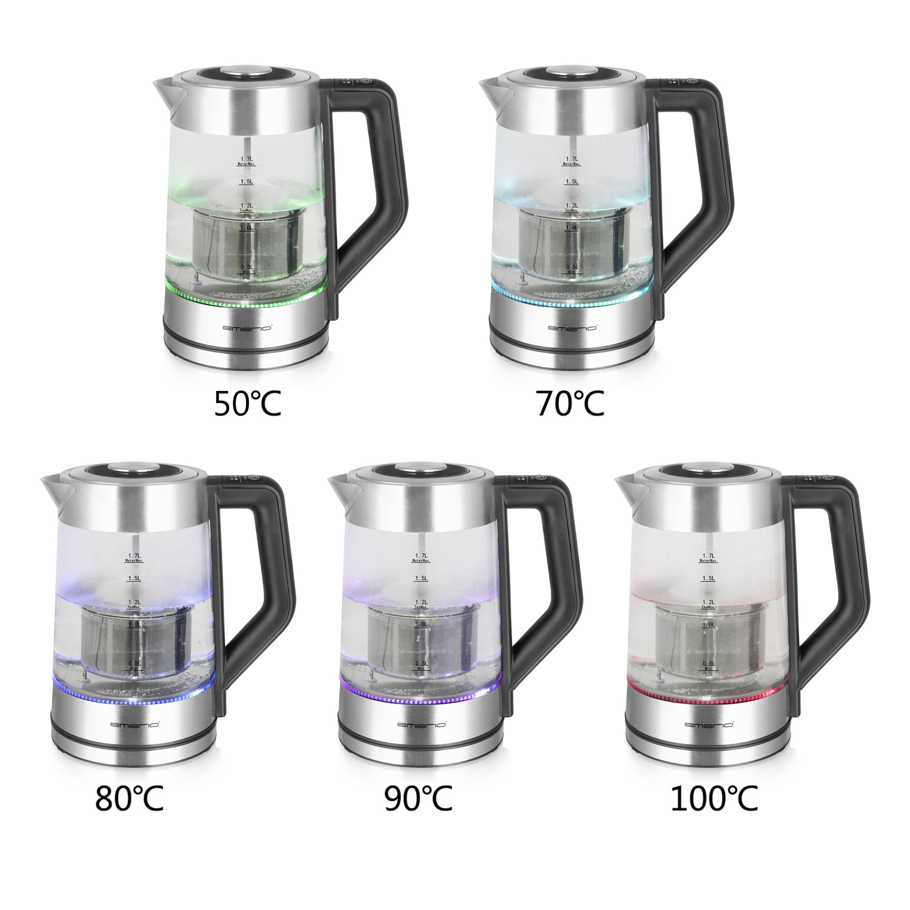 Cinq bouilloires électriques avec affichage de température. Températures de gauche à droite : 50°C, 70°C, 80°C, 90°C, 100°C.