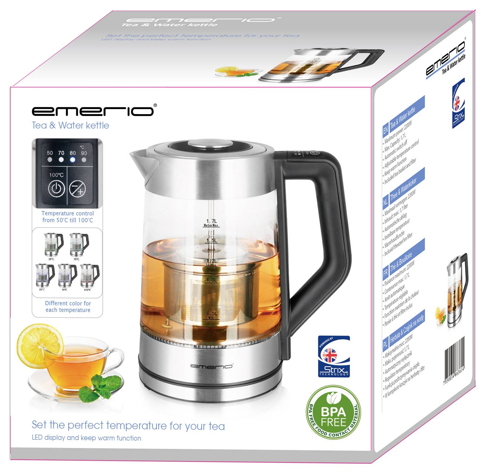 Un bouilloire en verre avec un filtre à thé sur l'emballage. Contient des détails sur le réglage de la température de 50°C à 100°C et un affichage LED.