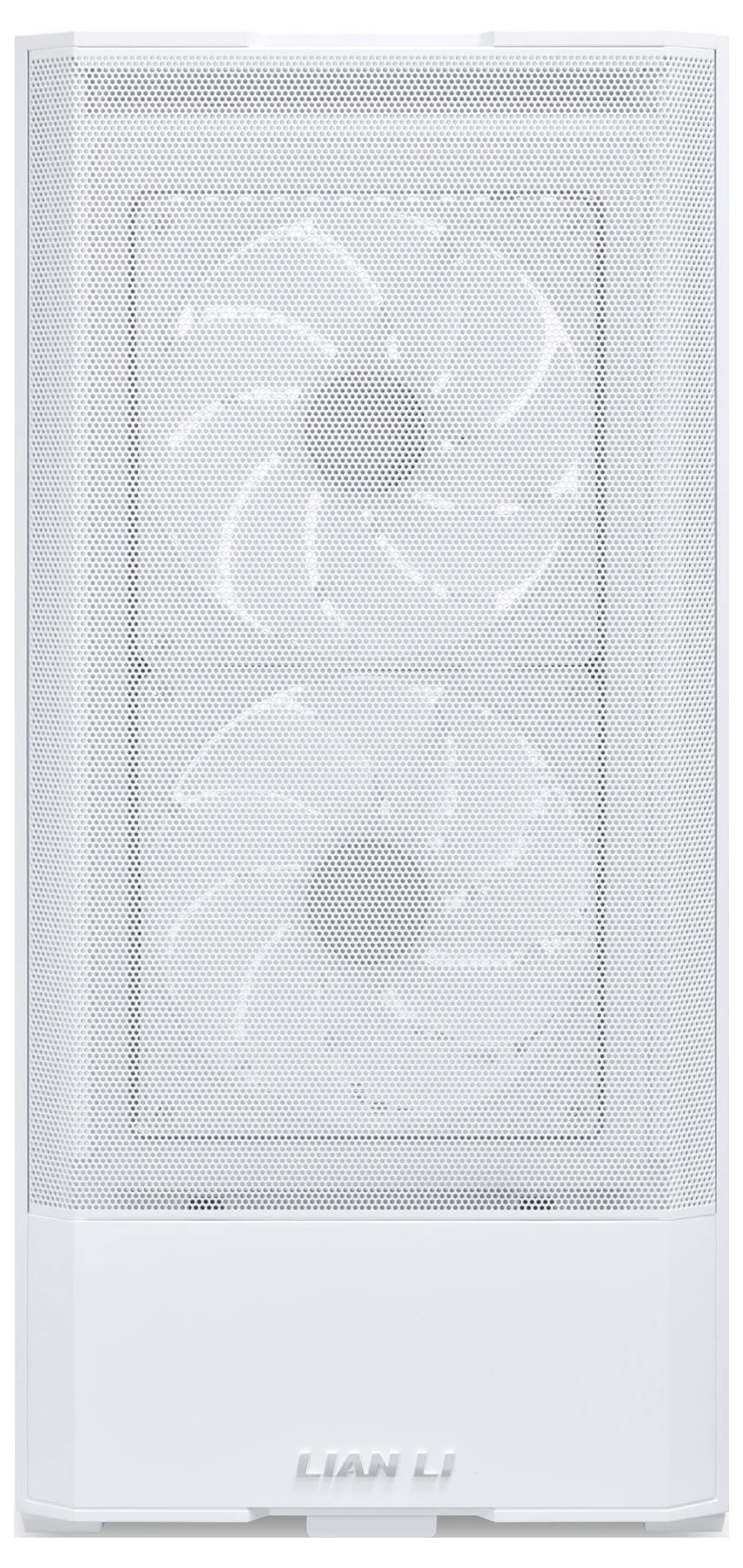 Boîtier d'ordinateur blanc avec deux ventilateurs visibles à l'avant.