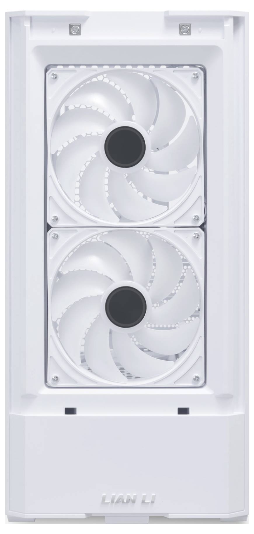 Un boîtier d'ordinateur blanc de Lian Li avec deux ventilateurs visiblement intégrés à l'avant.