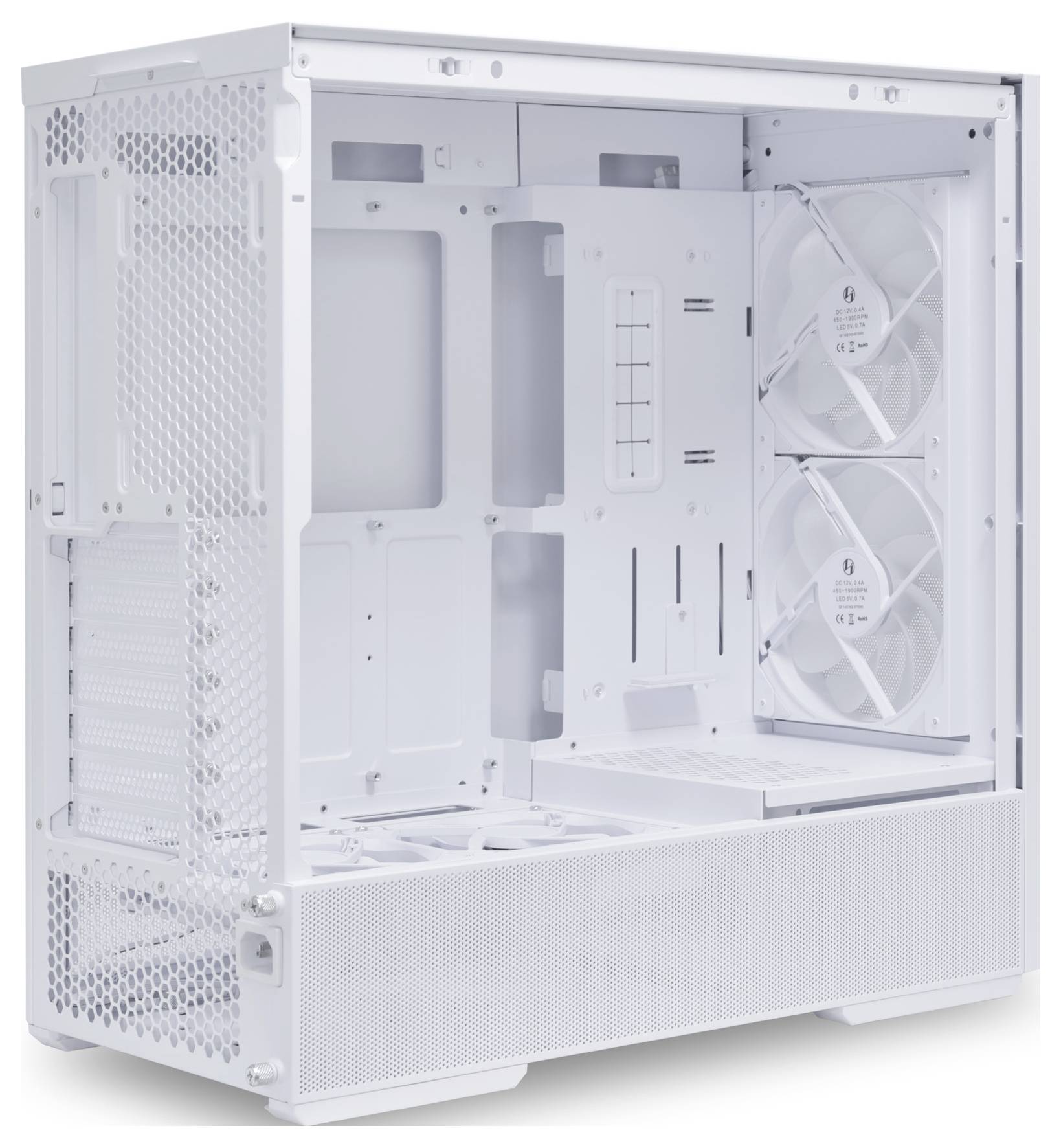 Boîtier d'ordinateur blanc avec panneau latéral transparent, deux grands ventilateurs et plusieurs baies de montage. Conçu pour les PC de gaming.
