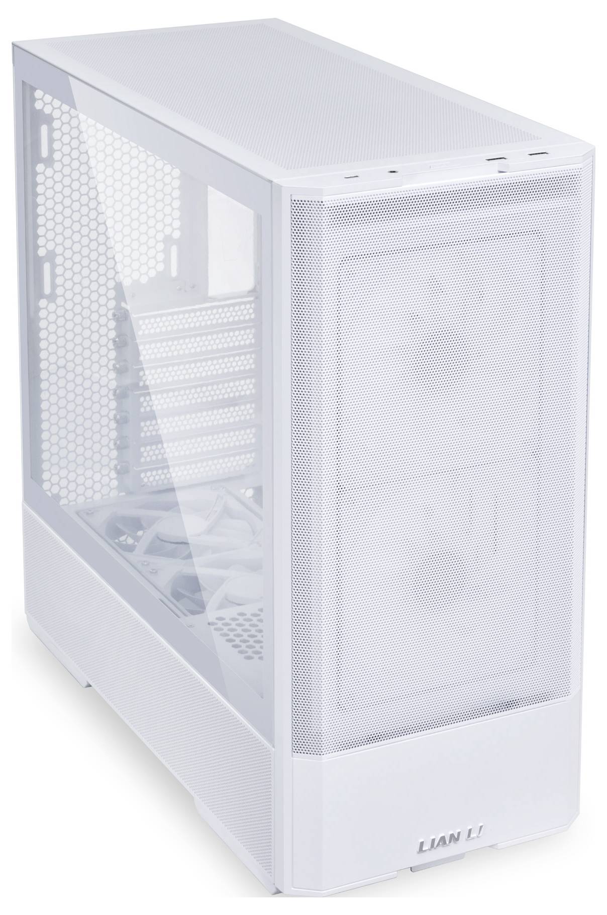 Un boîtier d'ordinateur vide, blanc, avec des côtés ouverts, des sorties de ventilation visibles et de l'espace pour l'installation de composants.