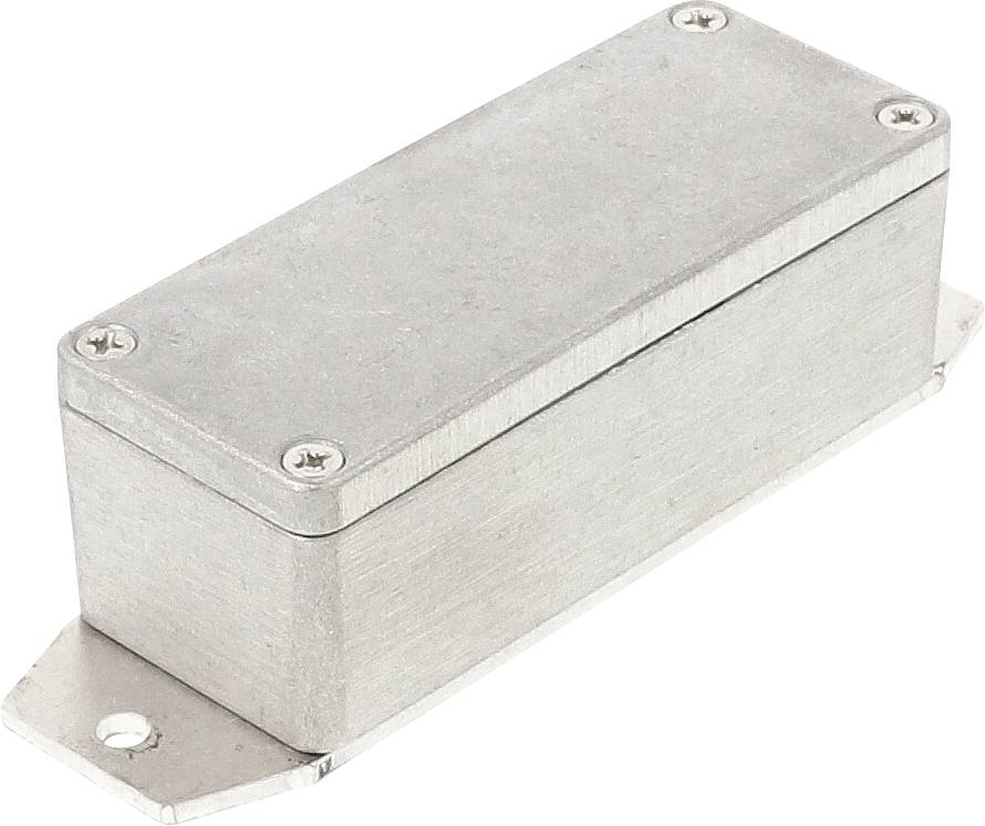 Boîtier métallique rectangulaire, de couleur argent, fixé par quatre vis aux angles. Convient pour protéger des composants électroniques.