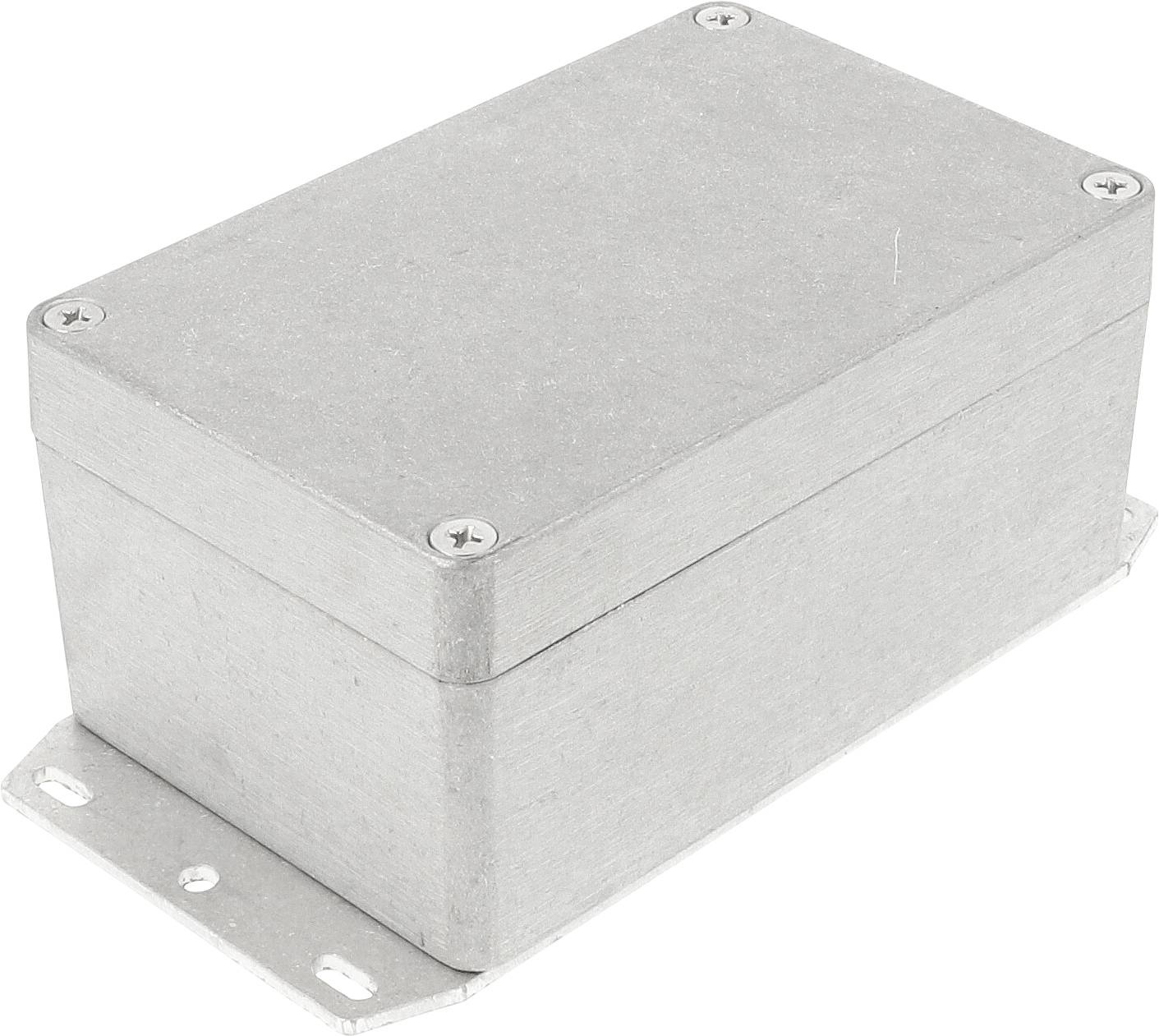 Boîtier rectangulaire en métal avec des fermetures à vis aux angles. Adapté pour protéger des composants électroniques.