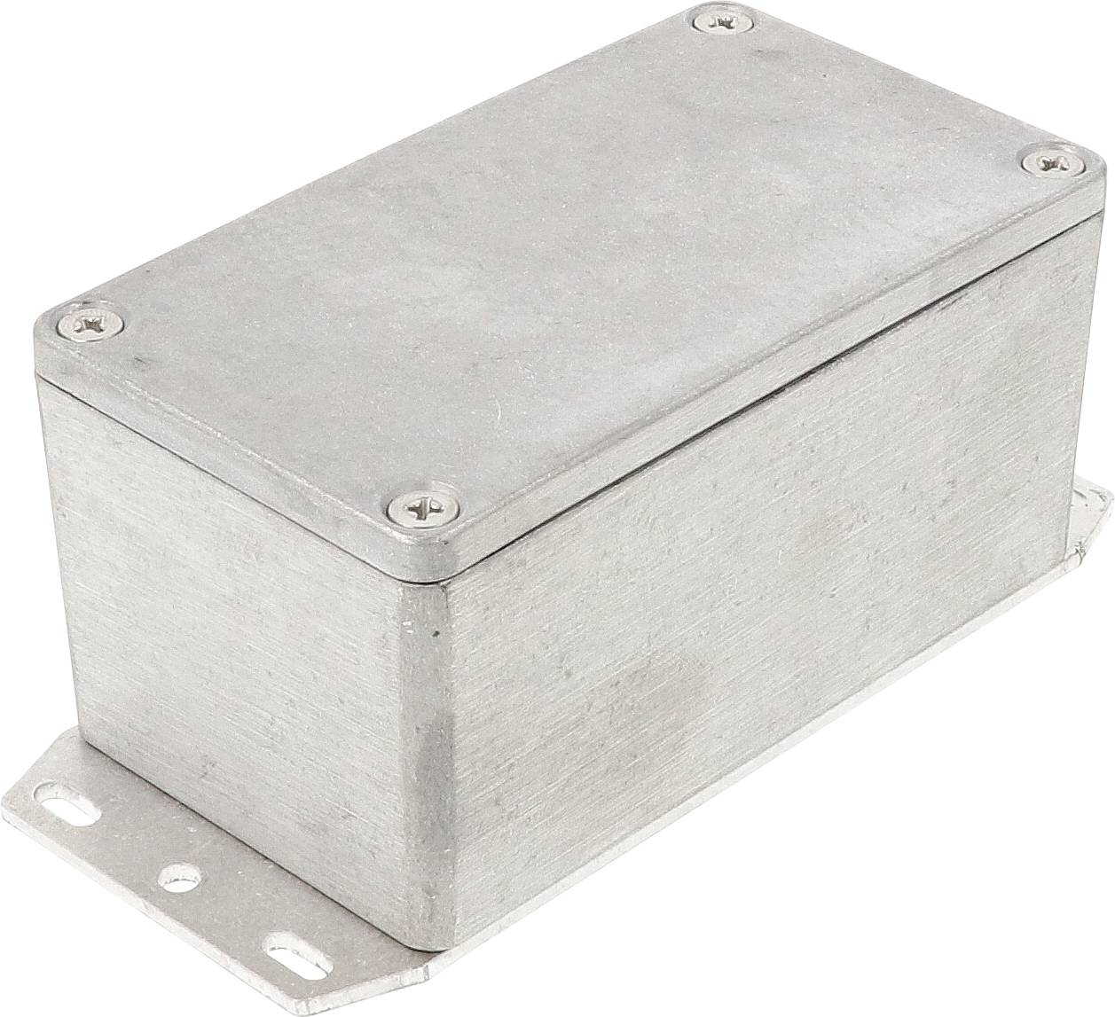 Boîtier métallique rectangulaire de couleur argent, avec des vis aux angles, probablement destiné à contenir des composants électroniques ou du câblage.