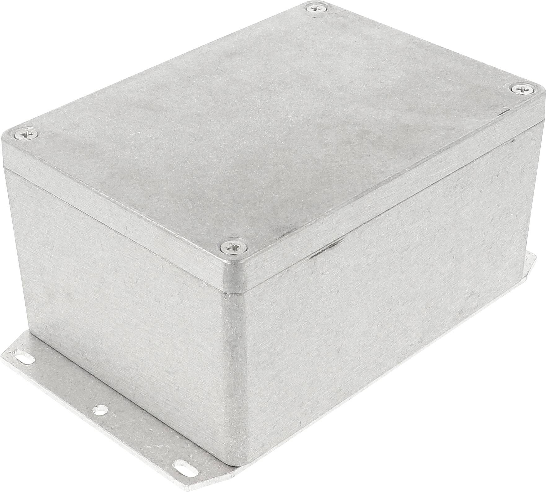 Boîte rectangulaire en aluminium argenté avec des vis aux coins et une plaque de fixation sur la face inférieure.