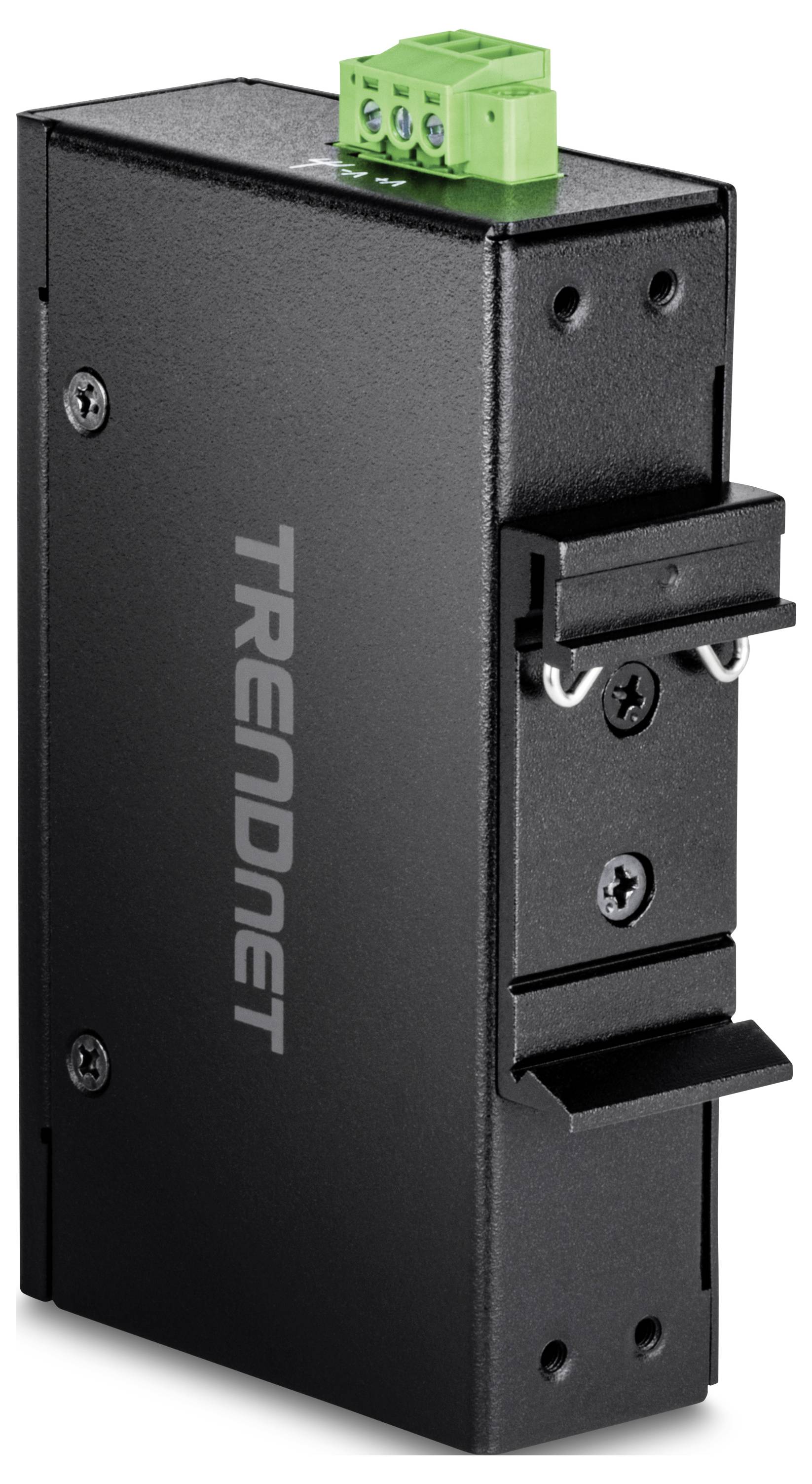 Commutateur média TRENDnet noir avec connexion d'alimentation verte en haut. Design compact.